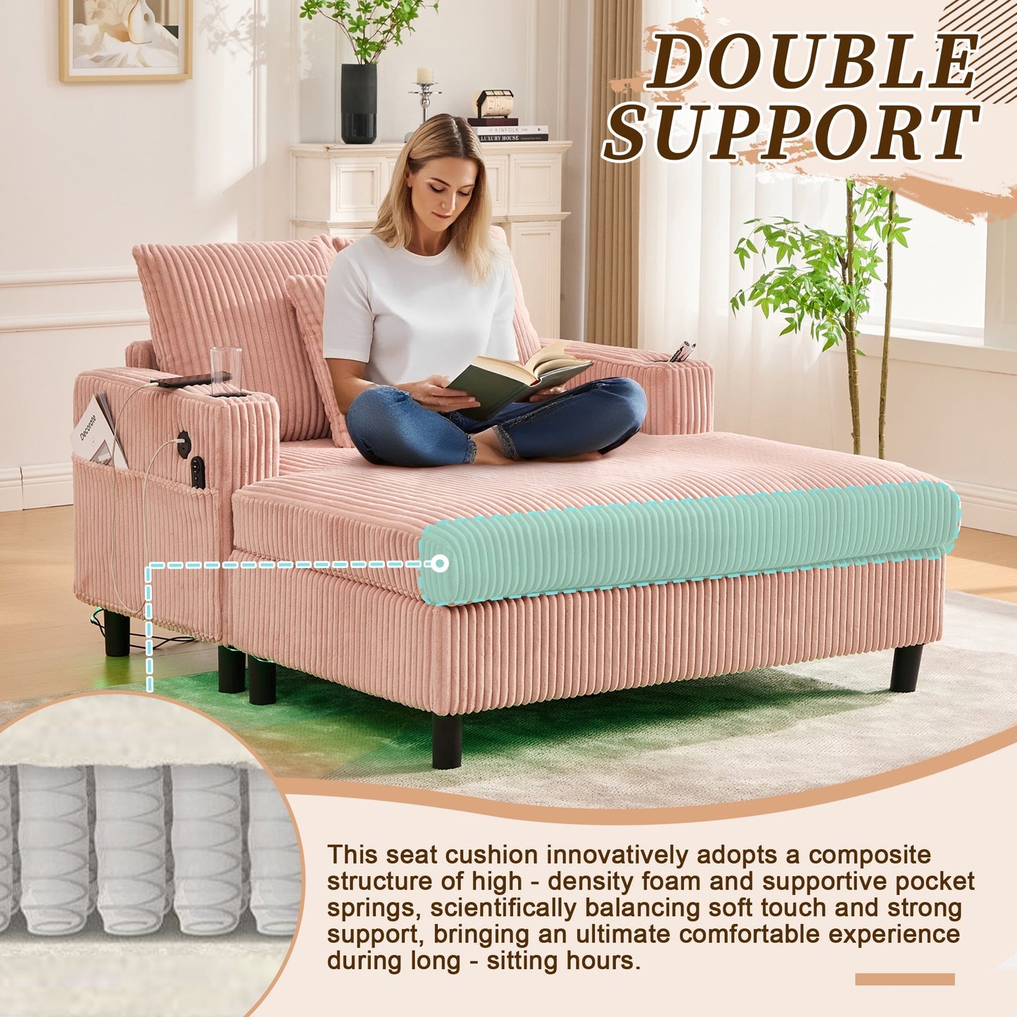 HOMEFUN Corduroy Upholstered Oversized RGB LED Light Recliner Sofa Bed with Cup Holder,USB&3 Pillows