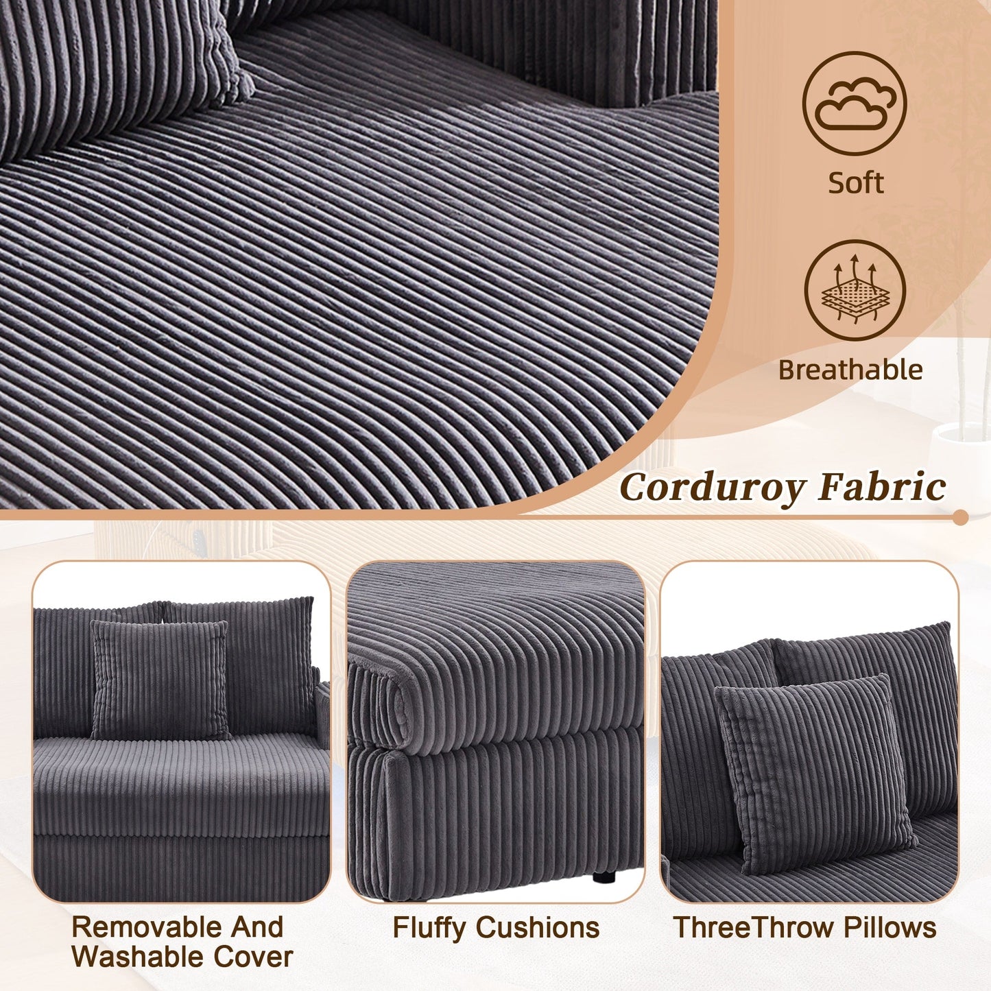 HOMEFUN Corduroy Upholstered Oversized RGB LED Light Recliner Sofa Bed with Cup Holder,USB&3 Pillows