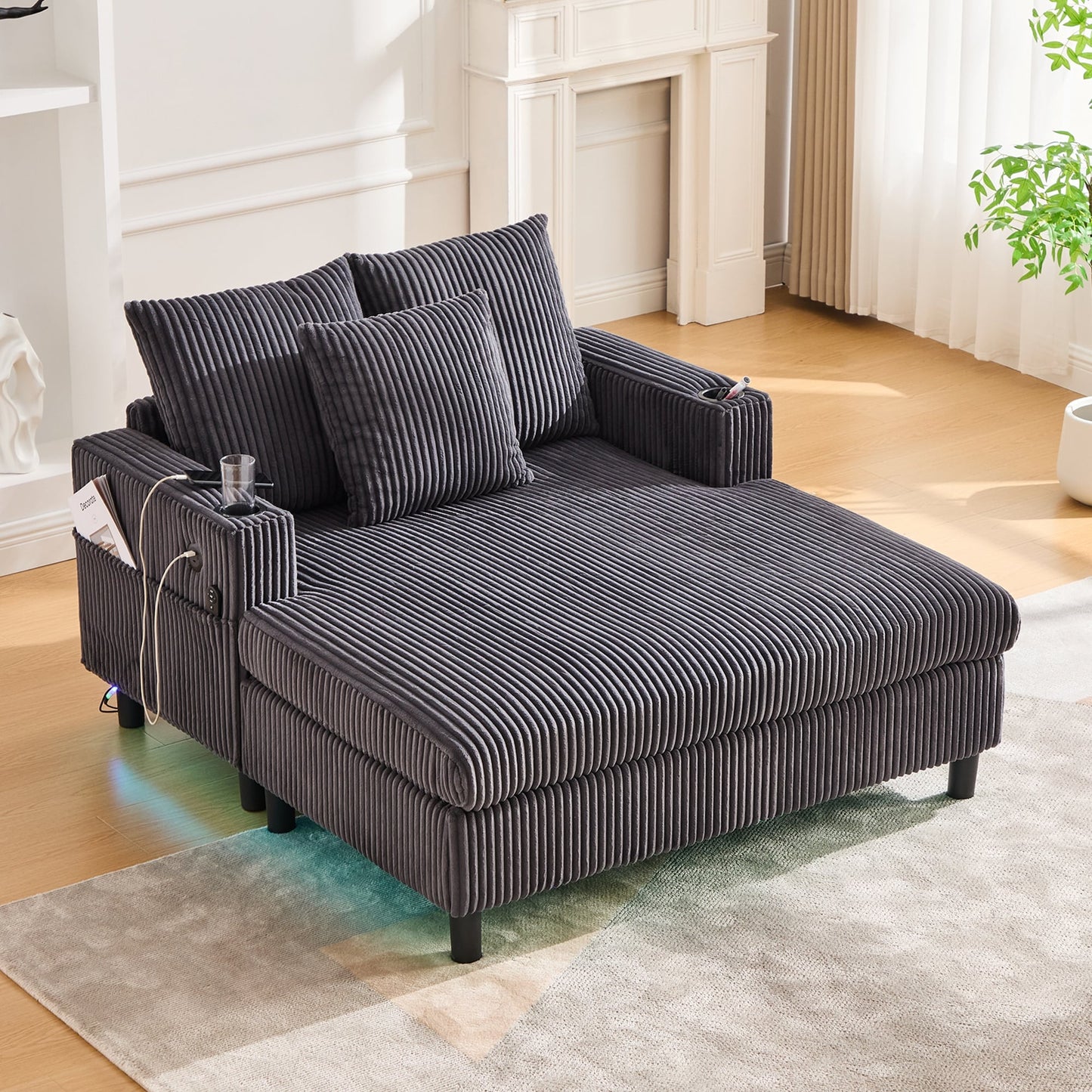 HOMEFUN Corduroy Upholstered Oversized RGB LED Light Recliner Sofa Bed with Cup Holder,USB&3 Pillows