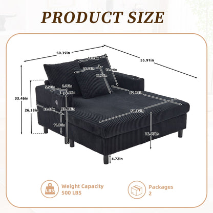 HOMEFUN Corduroy Upholstered Oversized RGB LED Light Recliner Sofa Bed with Cup Holder,USB&3 Pillows