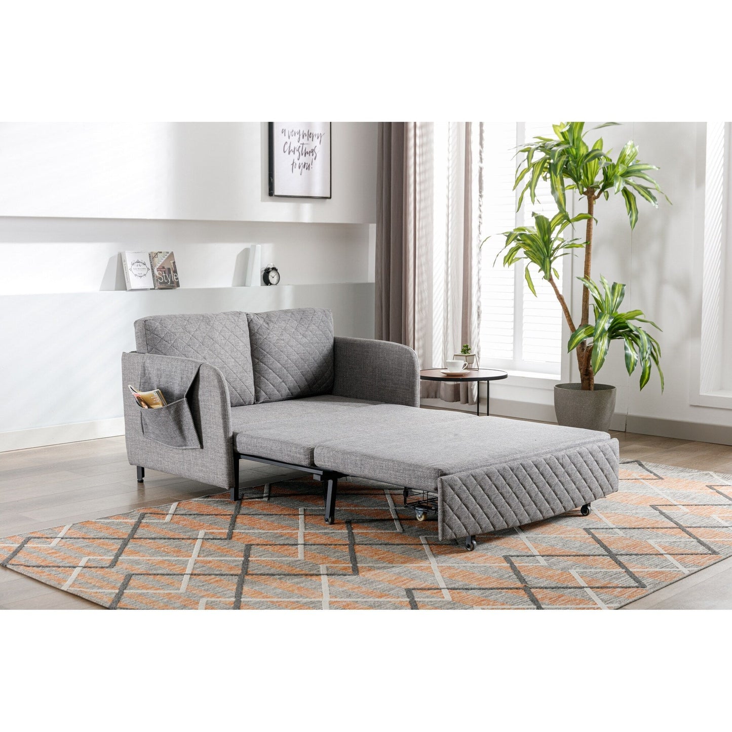 HOMEFUN Linen/PU Loveseat Convertible Storage Sleeper Sofa Bed with Headboard