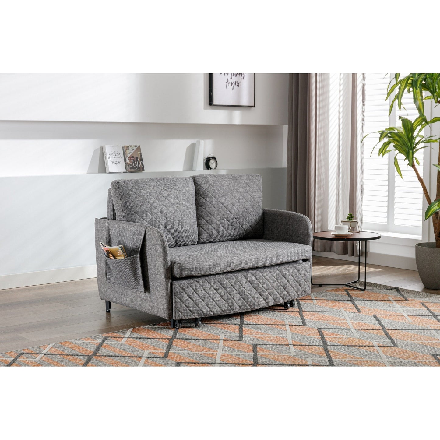 HOMEFUN Linen/PU Loveseat Convertible Storage Sleeper Sofa Bed with Headboard