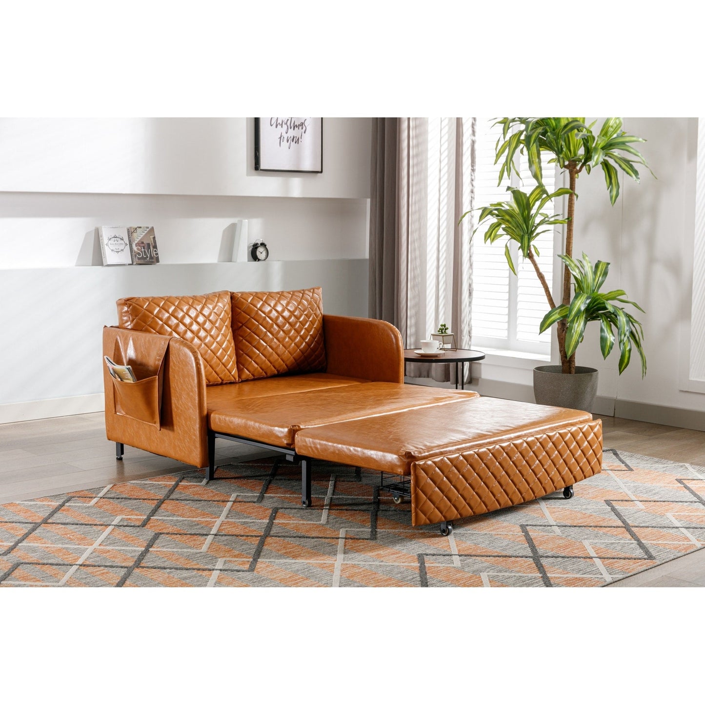 HOMEFUN Linen/PU Loveseat Convertible Storage Sleeper Sofa Bed with Headboard