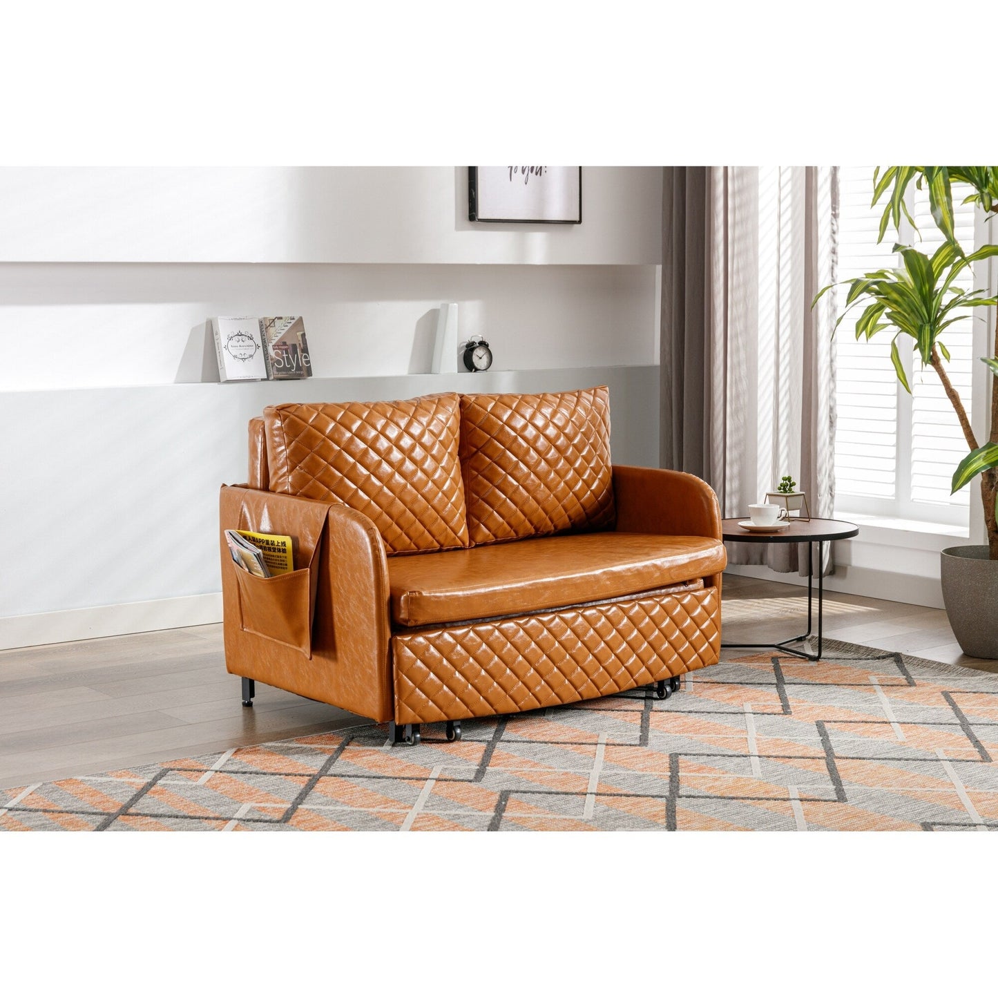 HOMEFUN Linen/PU Loveseat Convertible Storage Sleeper Sofa Bed with Headboard