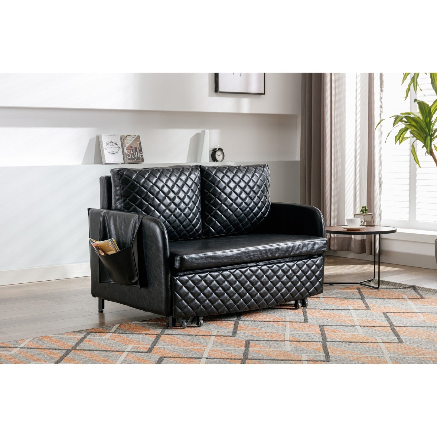 HOMEFUN Linen/PU Loveseat Convertible Storage Sleeper Sofa Bed with Headboard