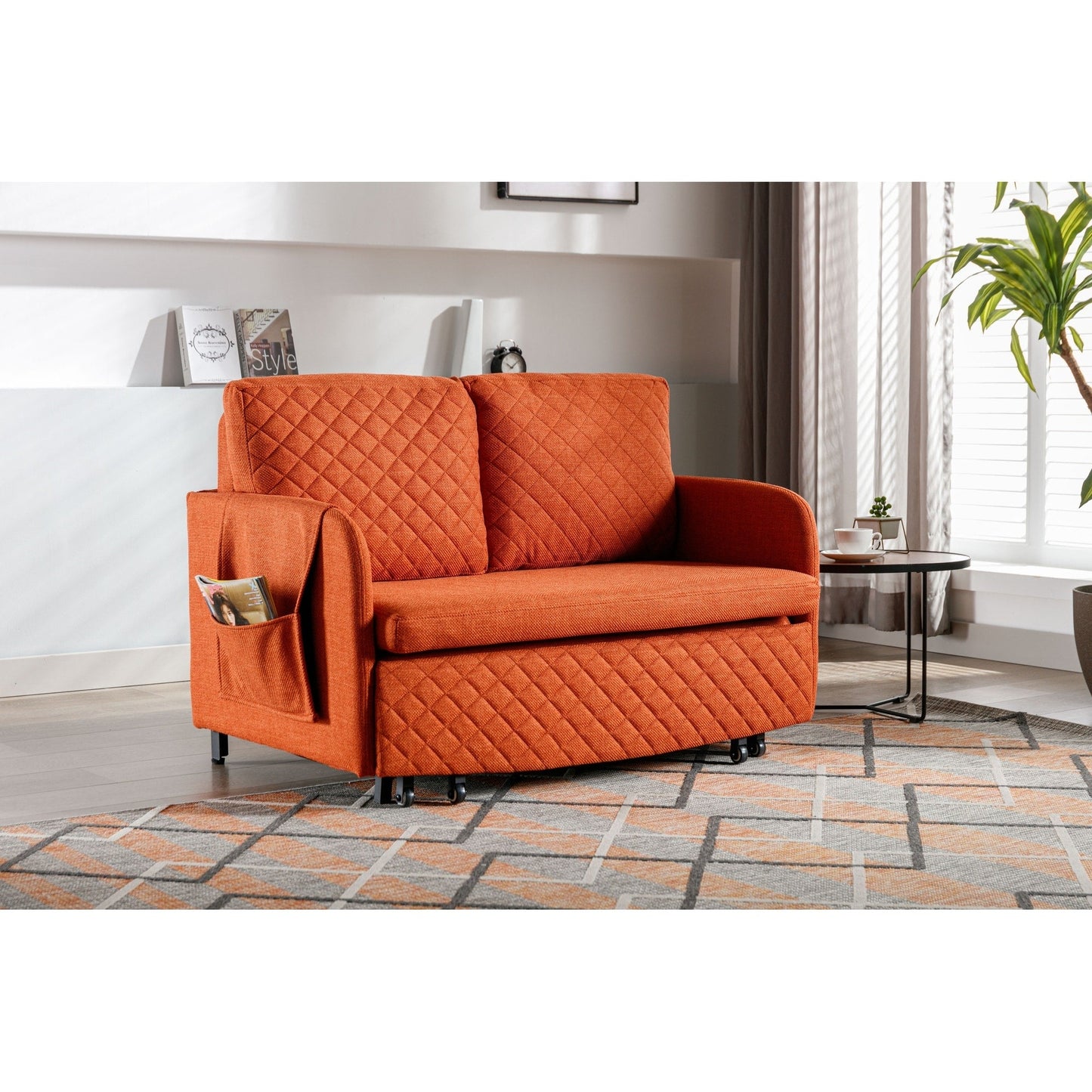 HOMEFUN Linen/PU Loveseat Convertible Storage Sleeper Sofa Bed with Headboard