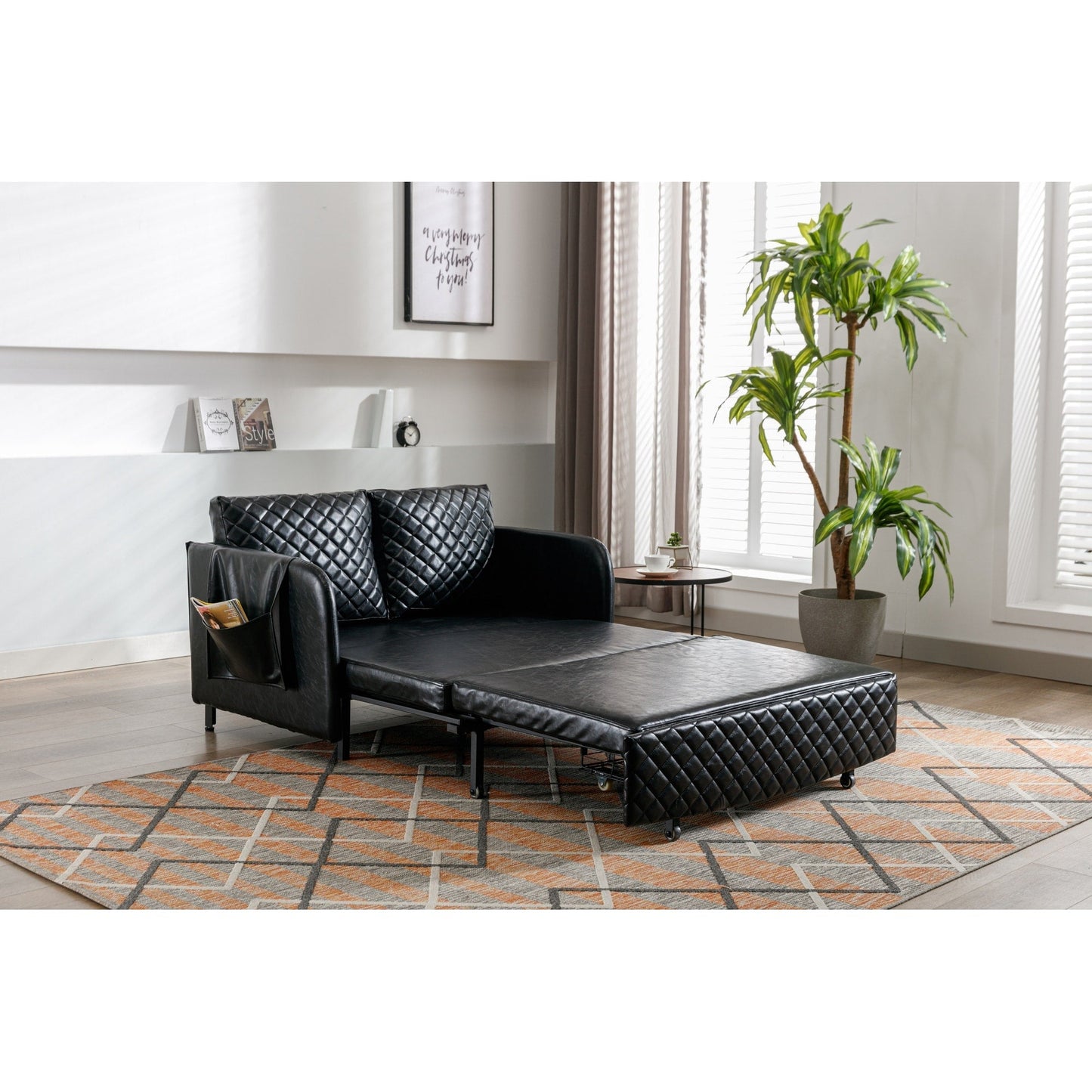 HOMEFUN Linen/PU Loveseat Convertible Storage Sleeper Sofa Bed with Headboard