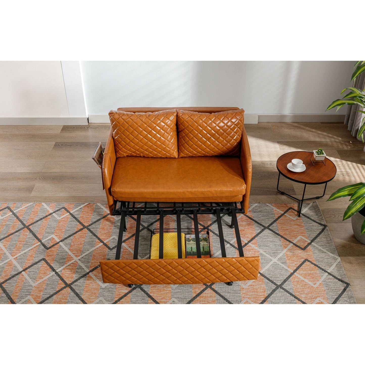 HOMEFUN Linen/PU Loveseat Convertible Storage Sleeper Sofa Bed with Headboard