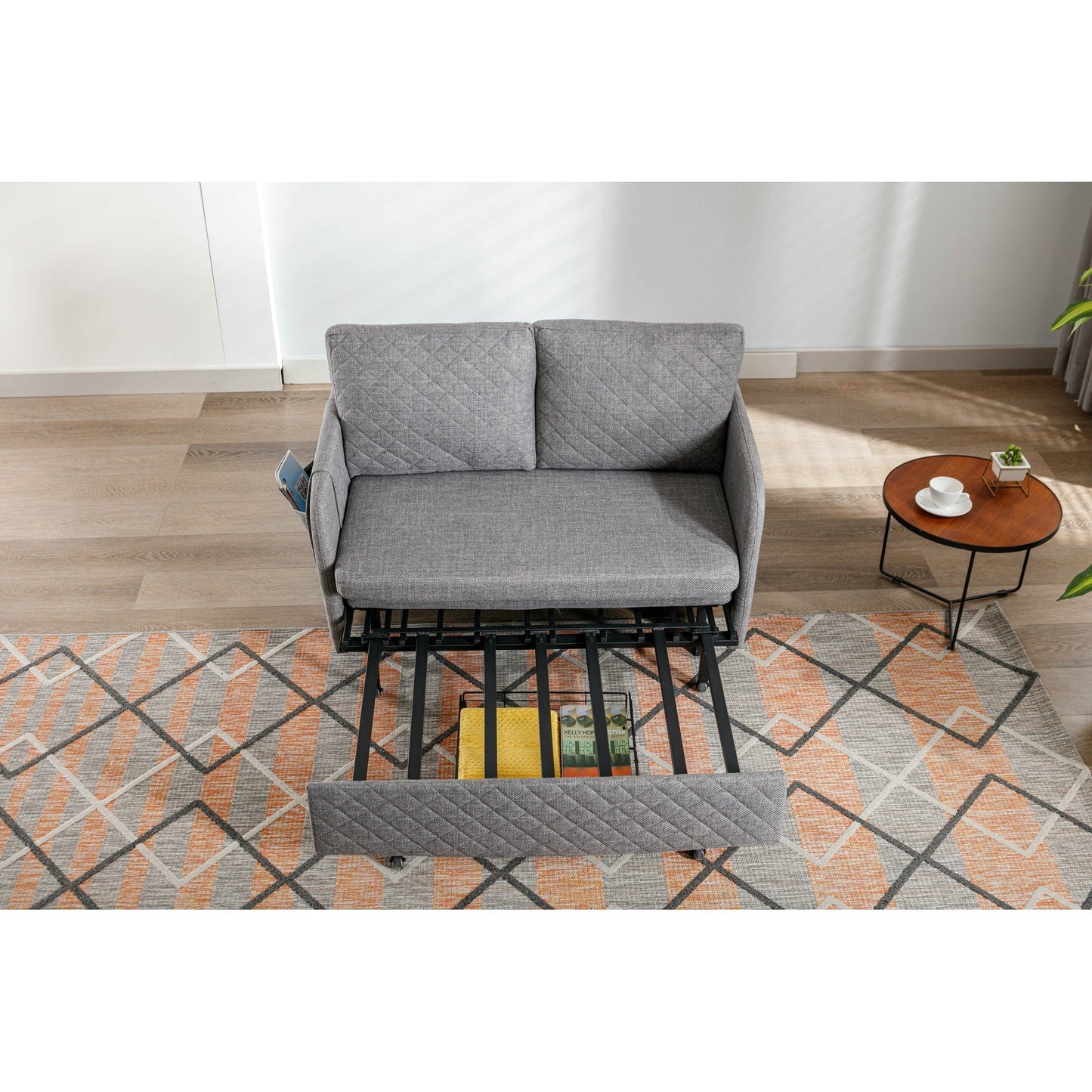 HOMEFUN Linen/PU Loveseat Convertible Storage Sleeper Sofa Bed with Headboard