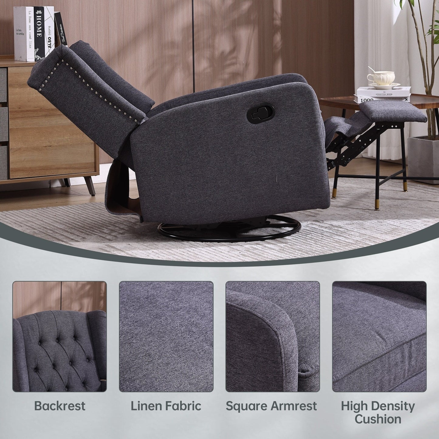 HOMEFUN Upholstered 360 Degree Swivel Rocking Recliner Chair for Bedroom,Living Room