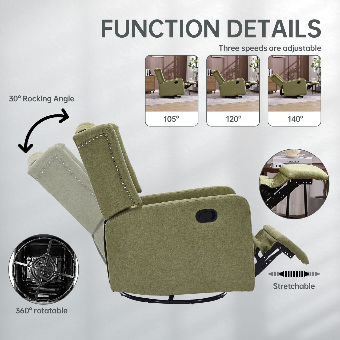 HOMEFUN Upholstered 360 Degree Swivel Rocking Recliner Chair for Bedroom,Living Room