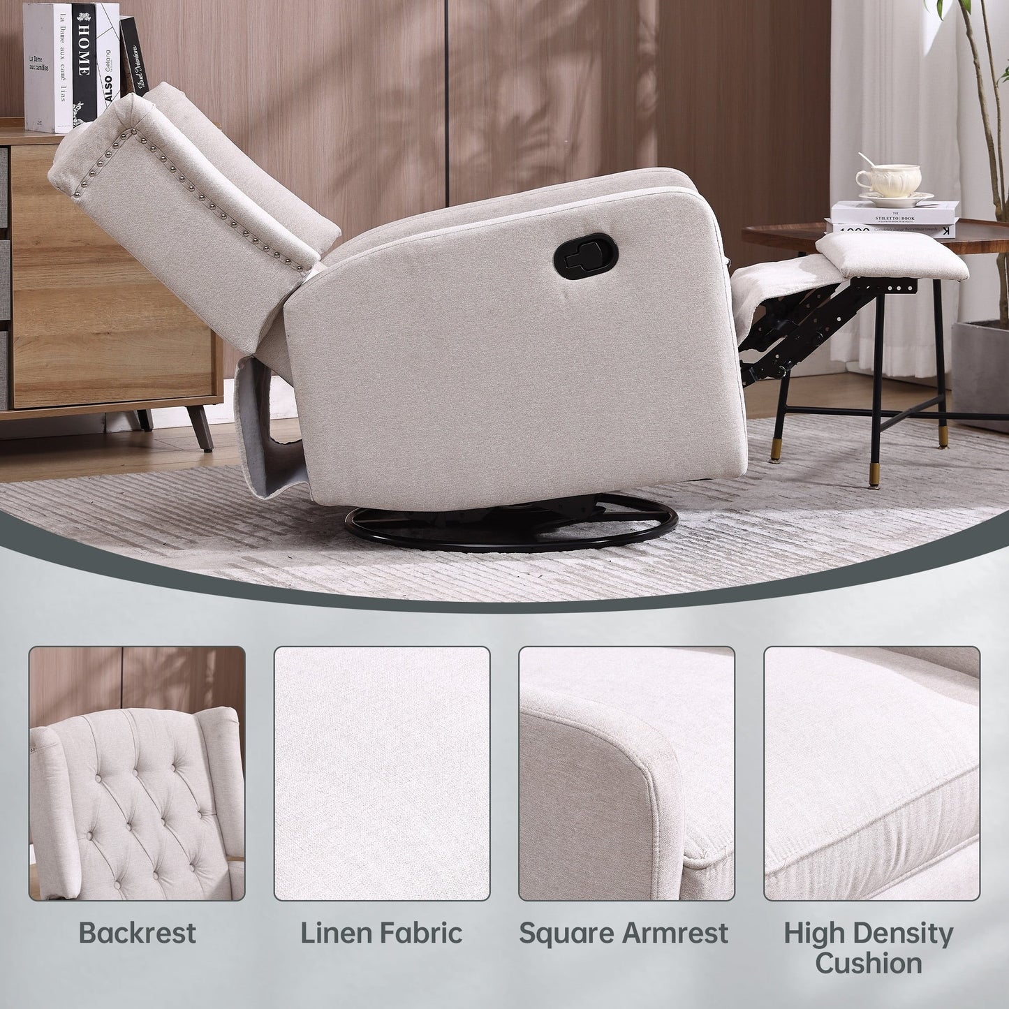 HOMEFUN Upholstered 360 Degree Swivel Rocking Recliner Chair for Bedroom,Living Room