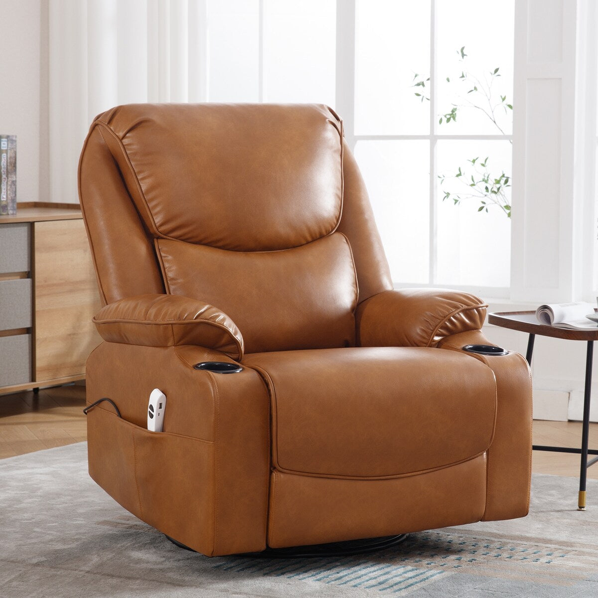 HOMYKA 34.2'' Wide Faux Leather Swivel Rocking Power Recliner Chair With USB Port
