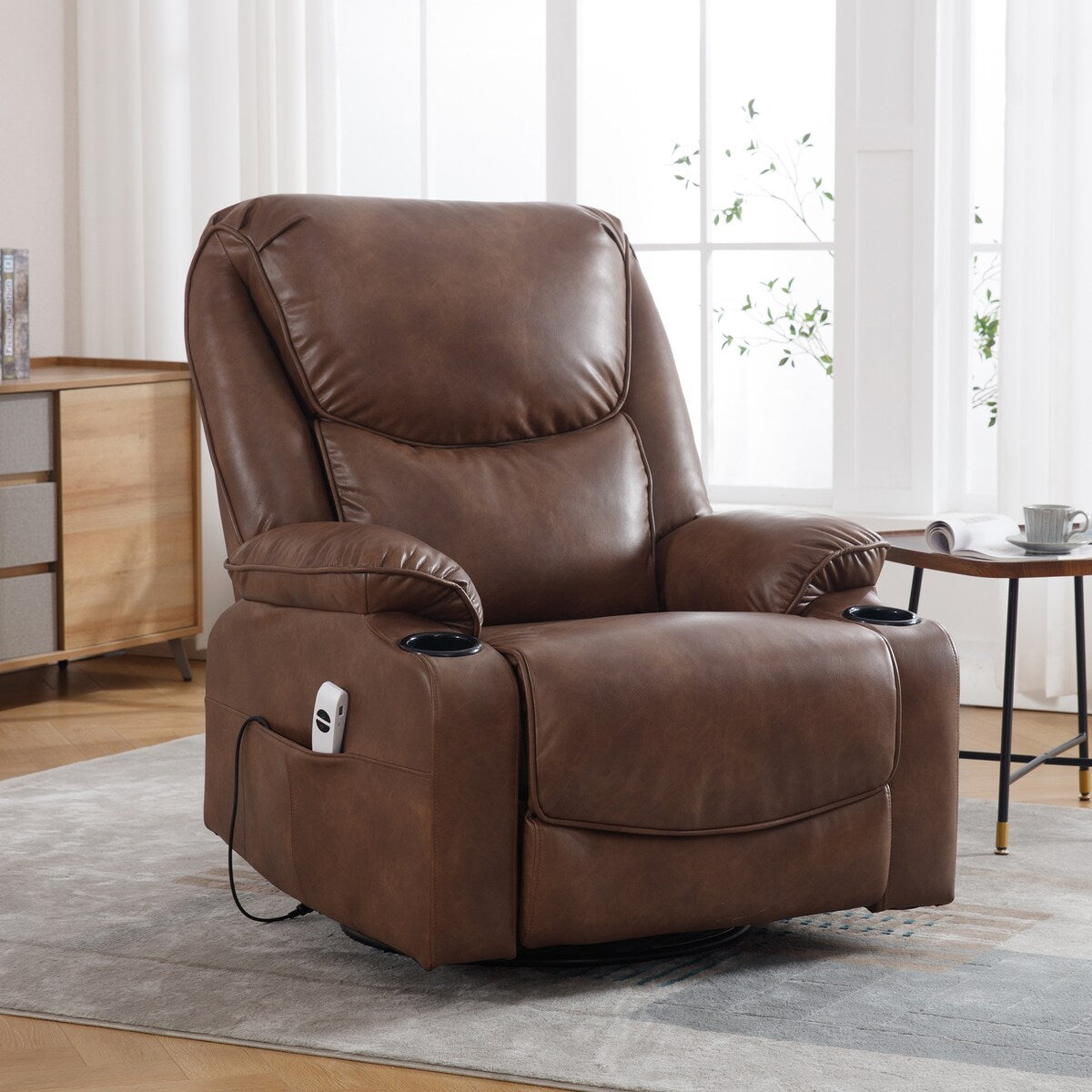 HOMYKA 34.2'' Wide Faux Leather Swivel Rocking Power Recliner Chair With USB Port