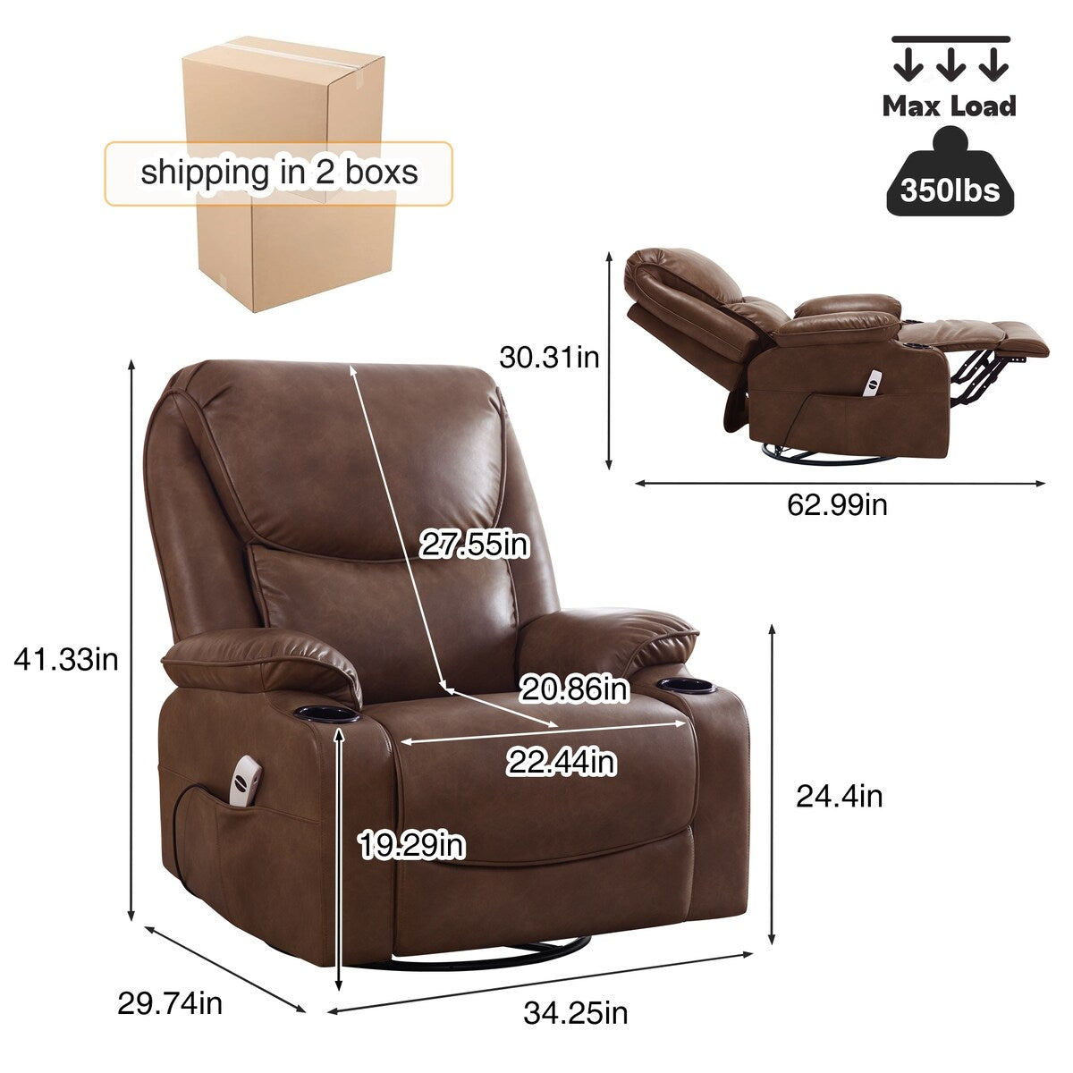HOMYKA 34.2'' Wide Faux Leather Swivel Rocking Power Recliner Chair With USB Port