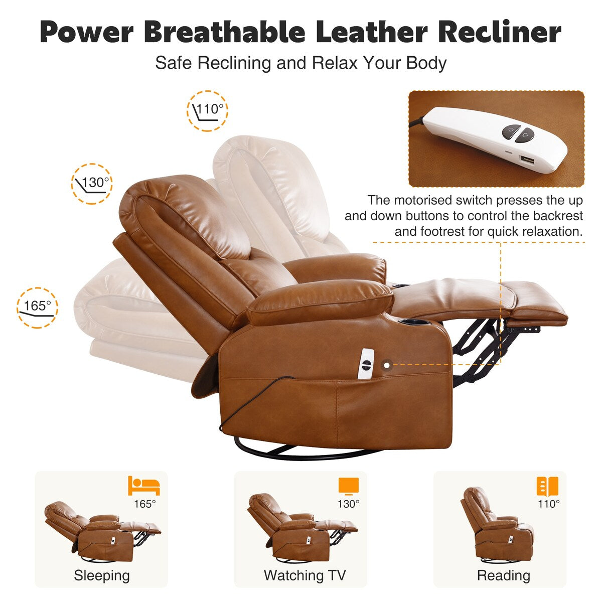 HOMYKA 34.2'' Wide Faux Leather Swivel Rocking Power Recliner Chair With USB Port