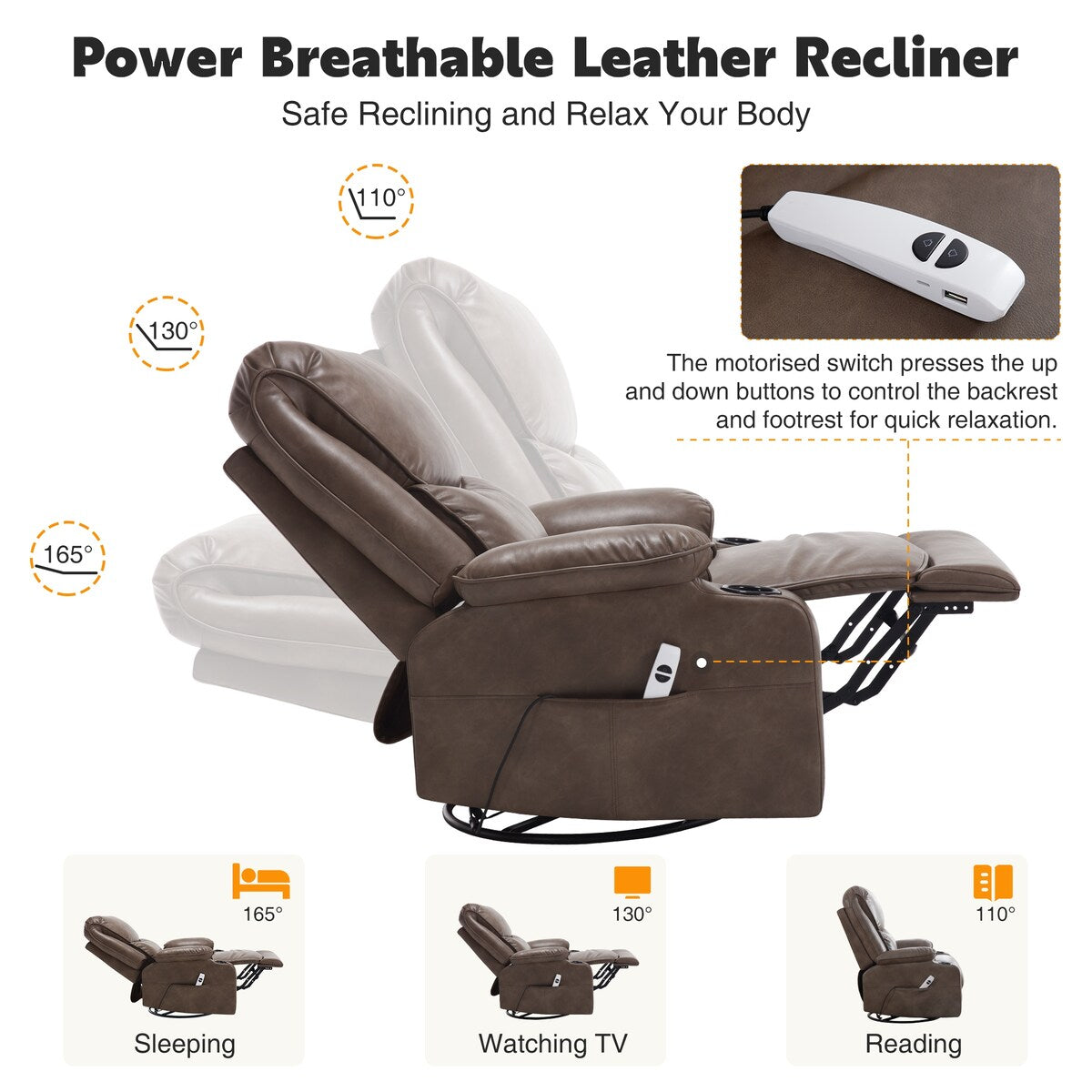 HOMYKA 34.2'' Wide Faux Leather Swivel Rocking Power Recliner Chair With USB Port