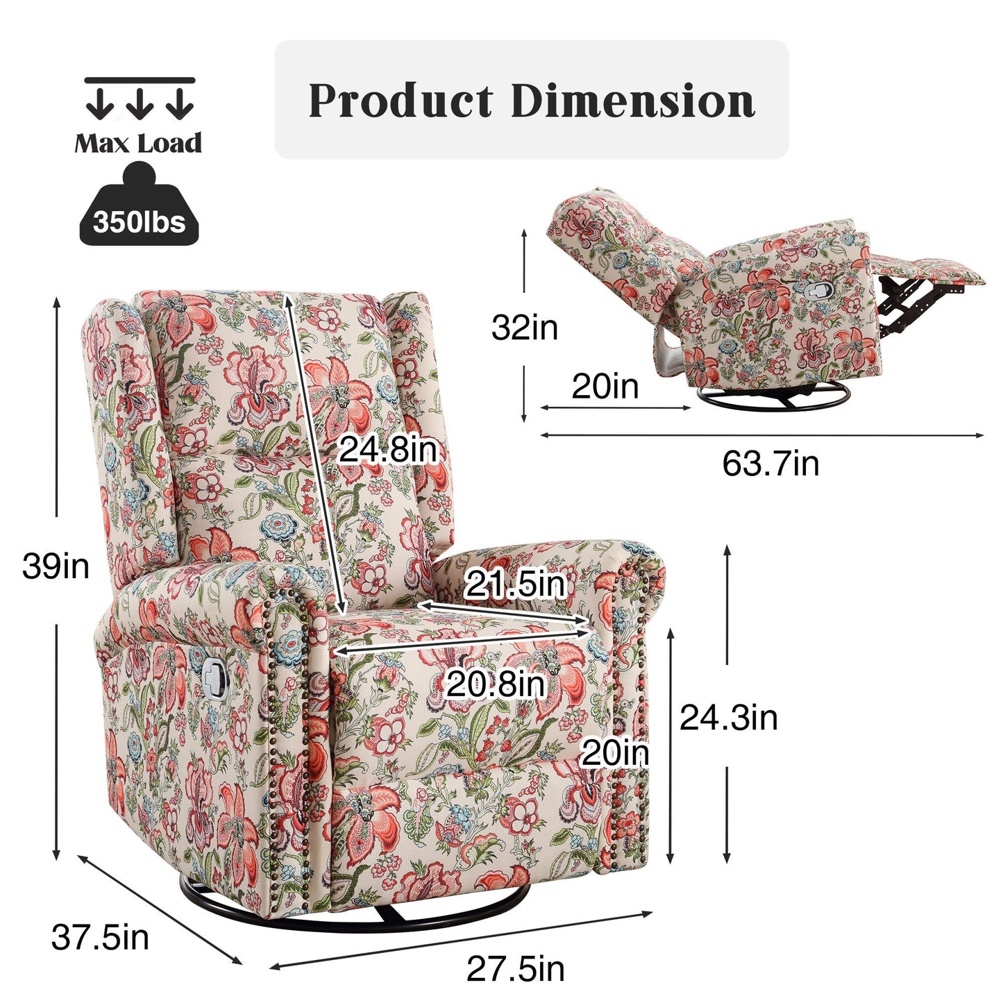 HOMYKA Floral Manual Recliner Swivel Rocking Chair Glider Set of 2
