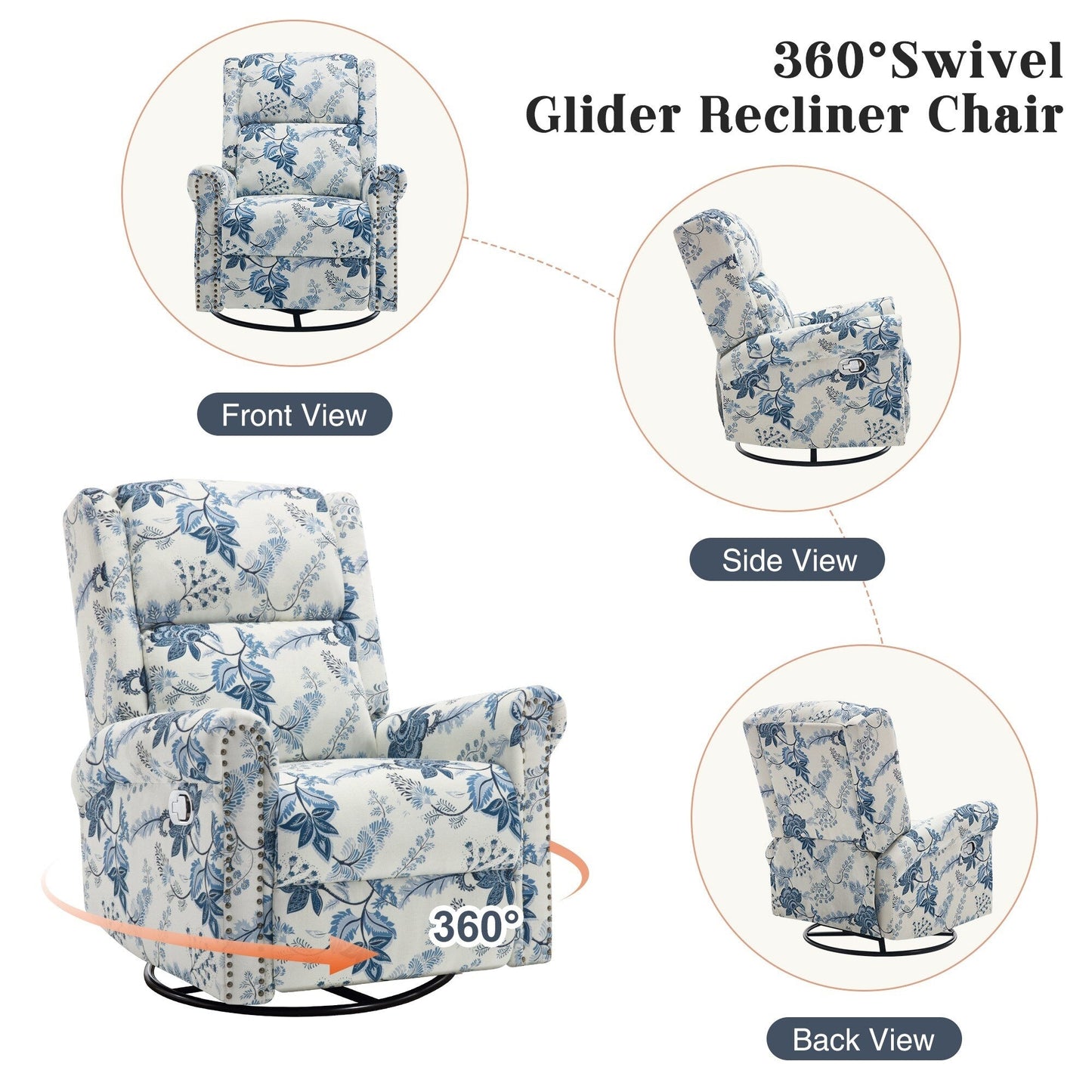 HOMYKA Floral Manual Recliner Swivel Rocking Chair Glider Set of 2