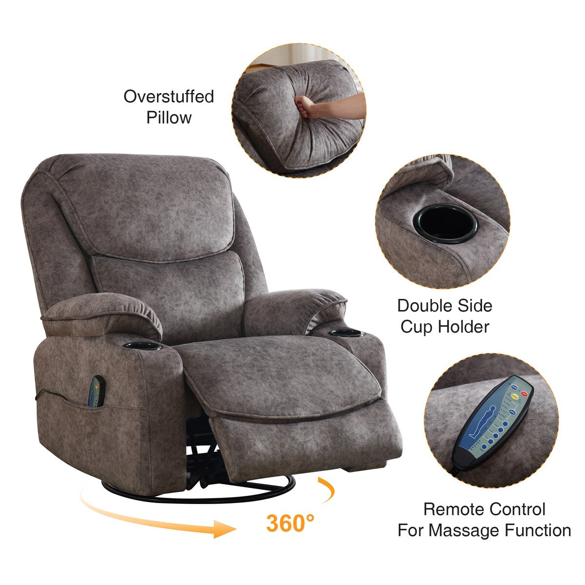HOMYKA Swivel Manual Rocking Recliner Chair with Massage and Heat