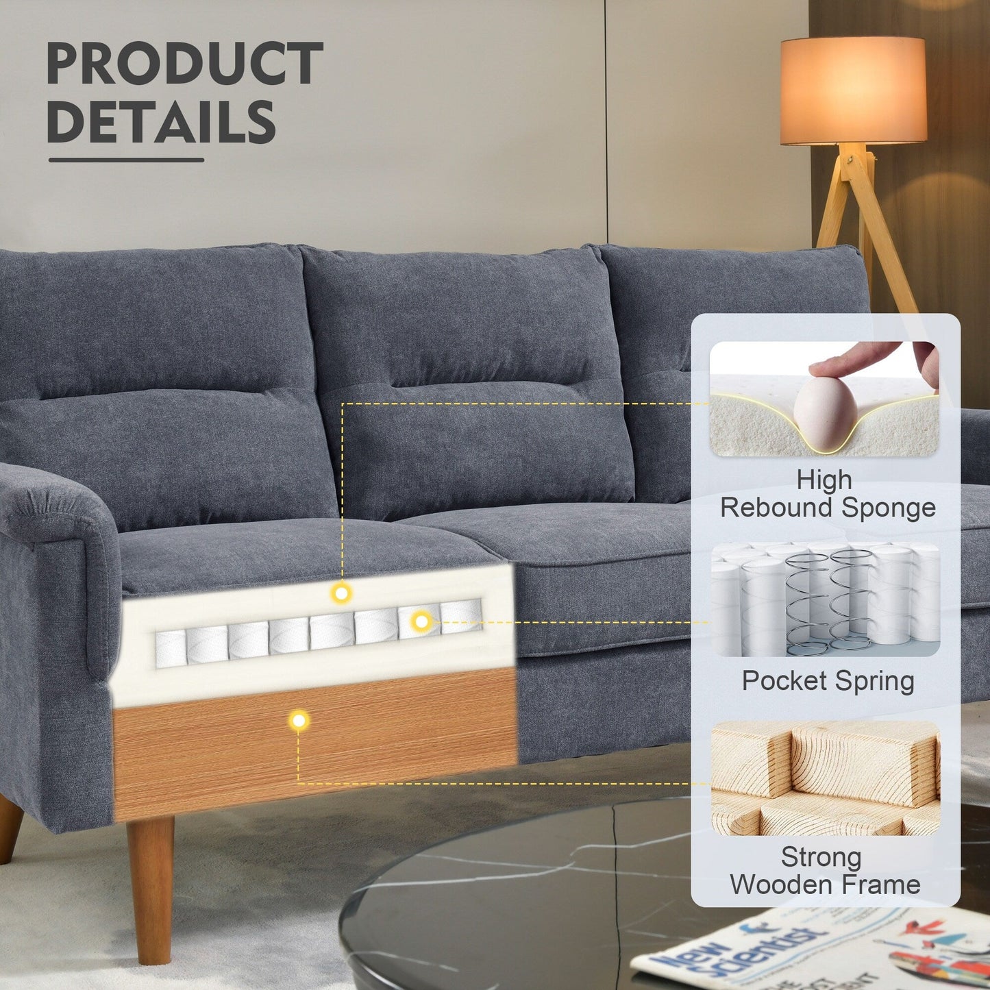 HOOOWOOO Living Room Furniture 71 Modern Upholstered Fabric 3-Seater Sofa
