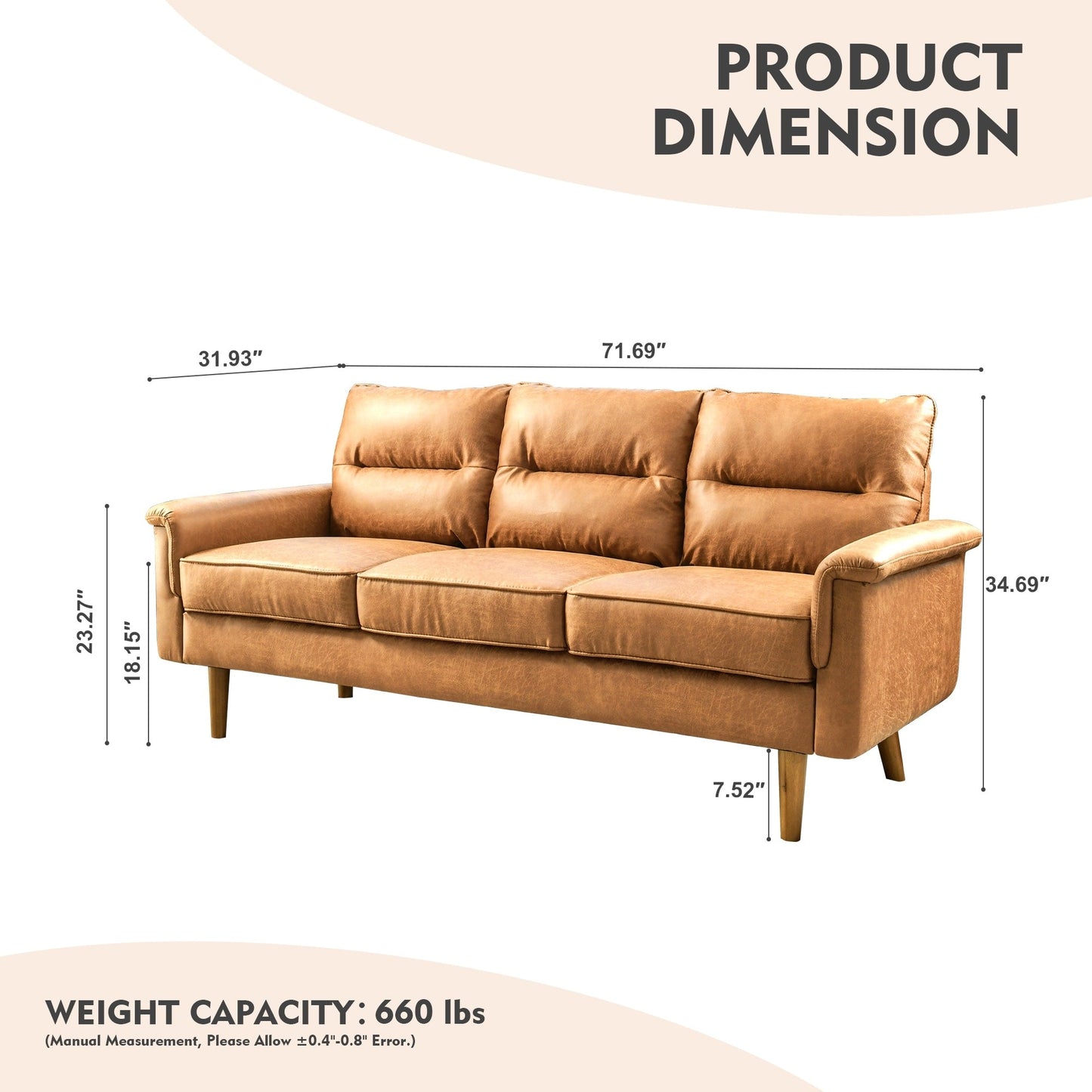 HOOOWOOO Living Room Furniture 71 Modern Upholstered Fabric 3-Seater Sofa