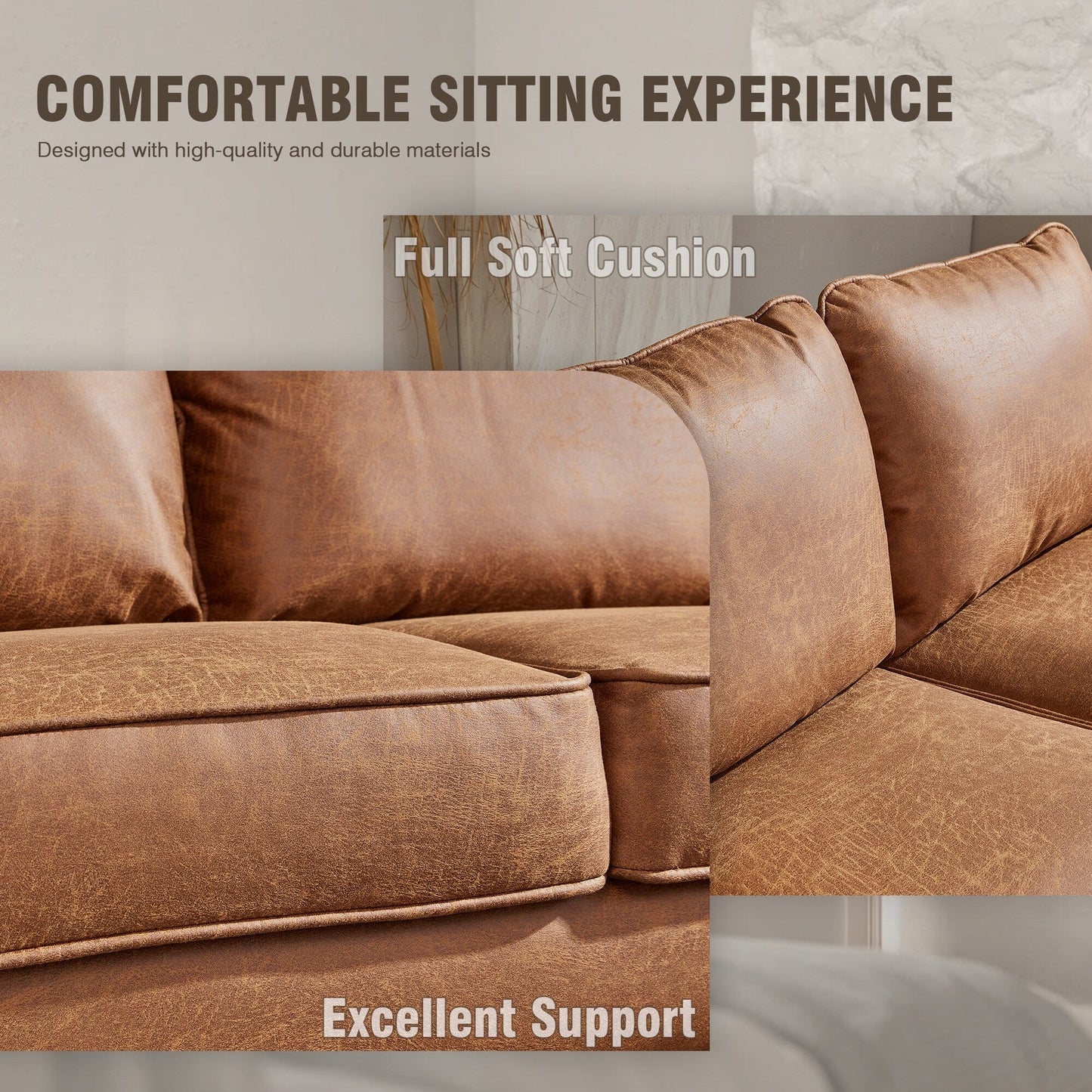 HOOOWOOO Living Room Furniture Mid-Century Suede Sofa with Chaise Lounge