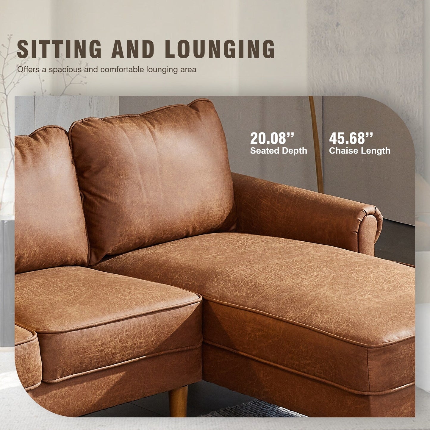 HOOOWOOO Living Room Furniture Mid-Century Suede Sofa with Chaise Lounge
