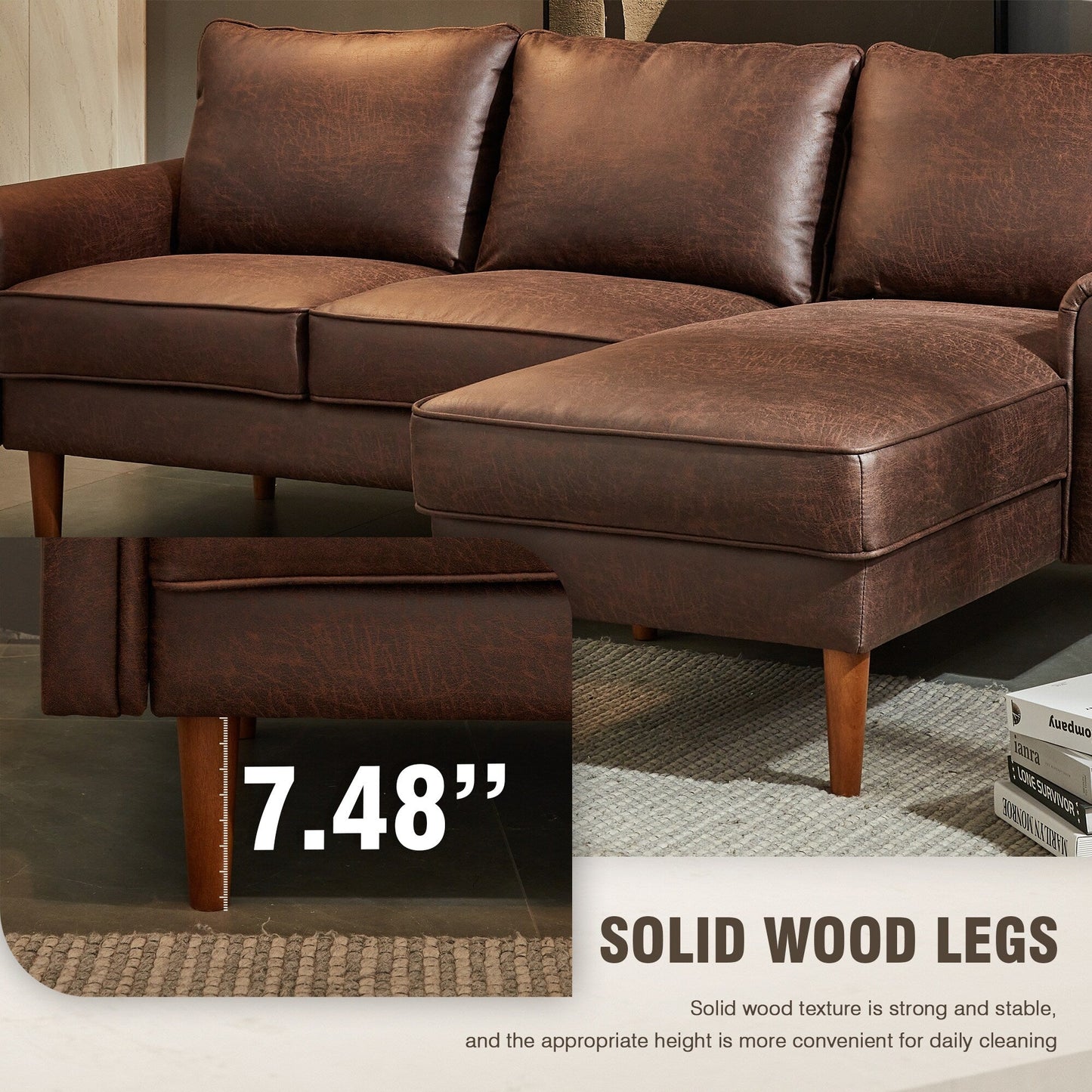 HOOOWOOO Living Room Furniture Mid-Century Suede Sofa with Chaise Lounge