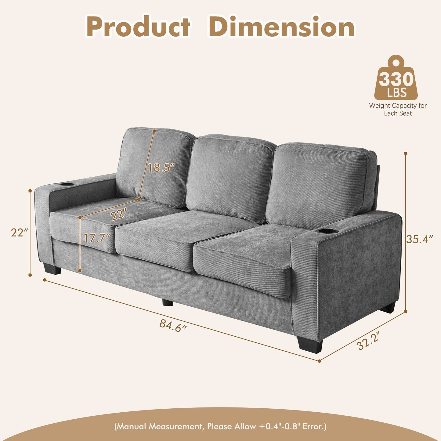 HOOOWOOO Living Room Furniture Modern Corduroy Upholstered Sofa Couch