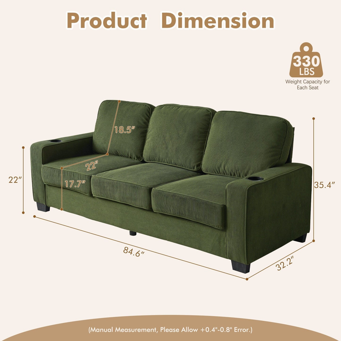 HOOOWOOO Living Room Furniture Modern Corduroy Upholstered Sofa Couch