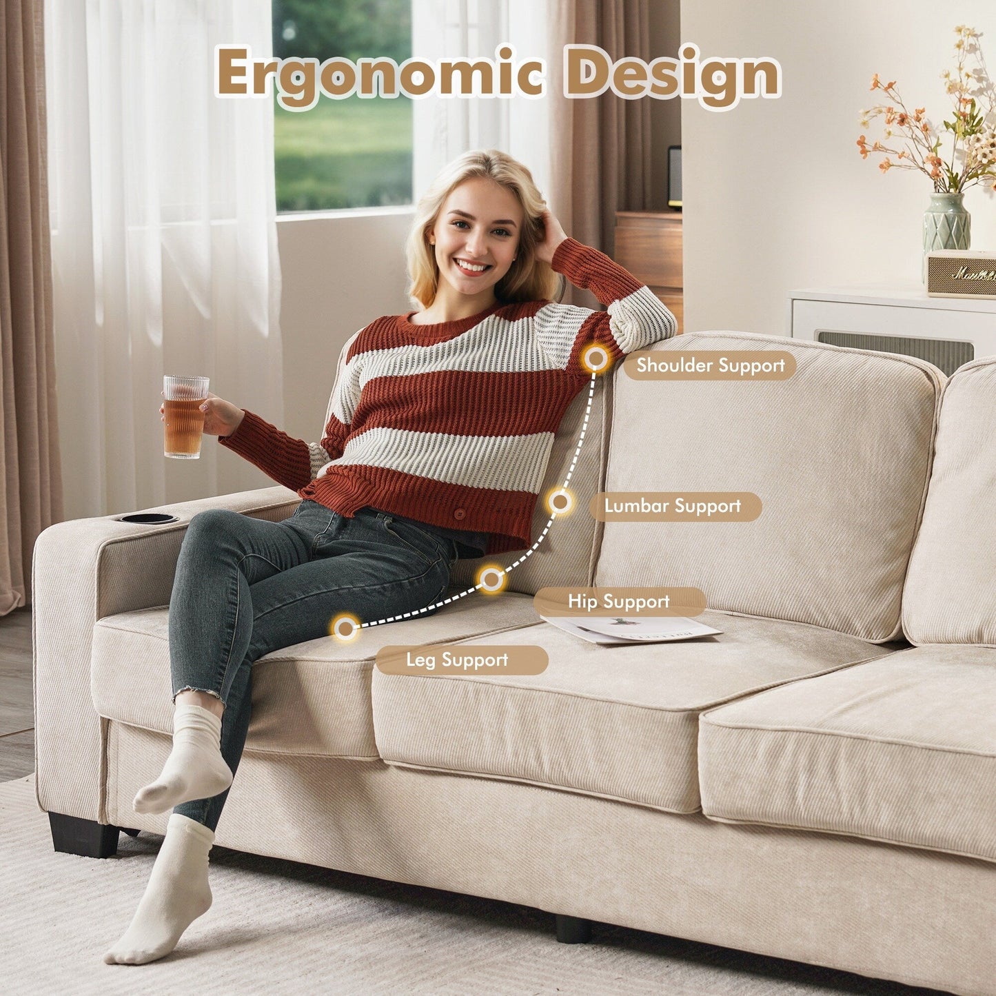 HOOOWOOO Living Room Furniture Modern Corduroy Upholstered Sofa Couch