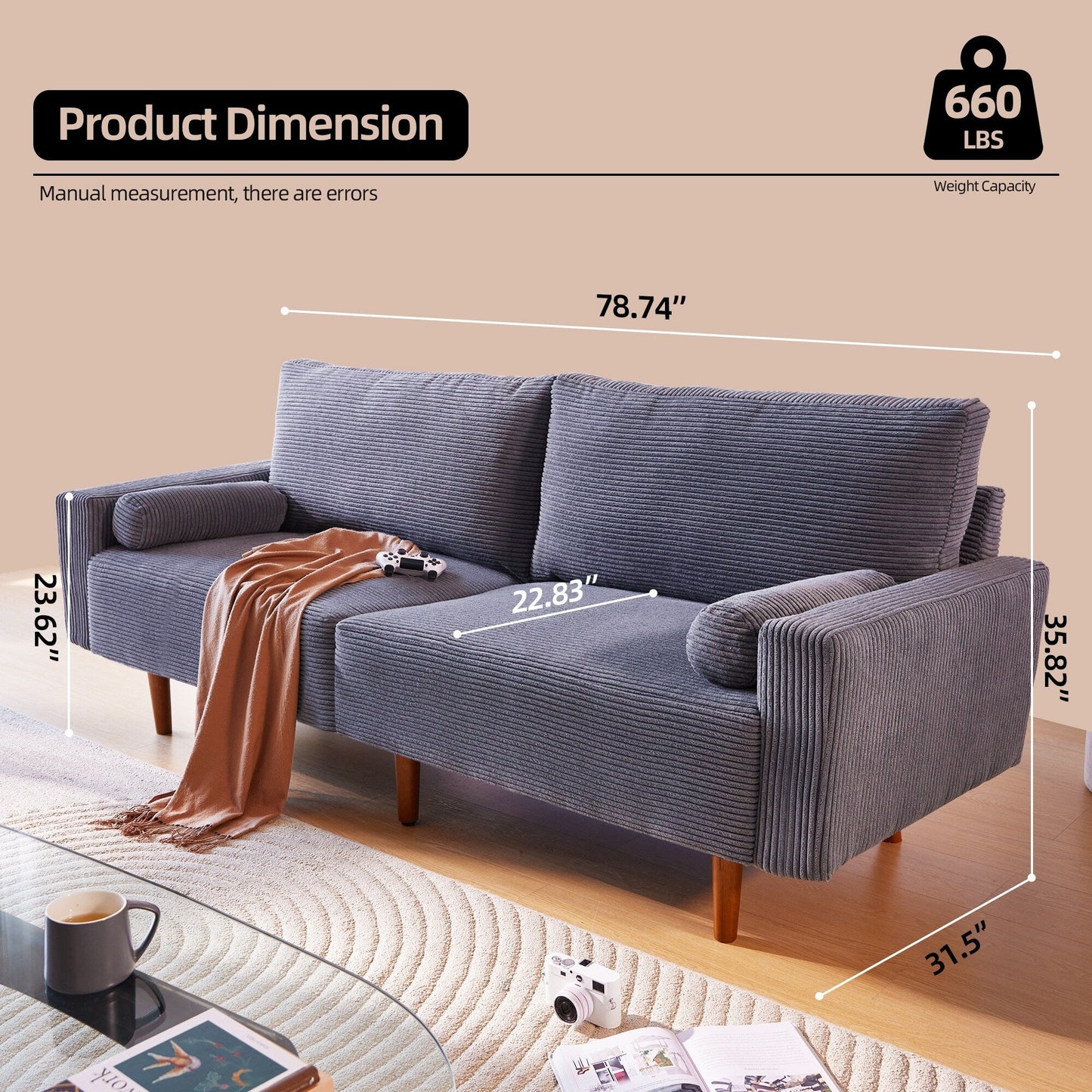 HOOOWOOO Mid-Century Modern Upholstered Sofa Couch with Rolled Pillows