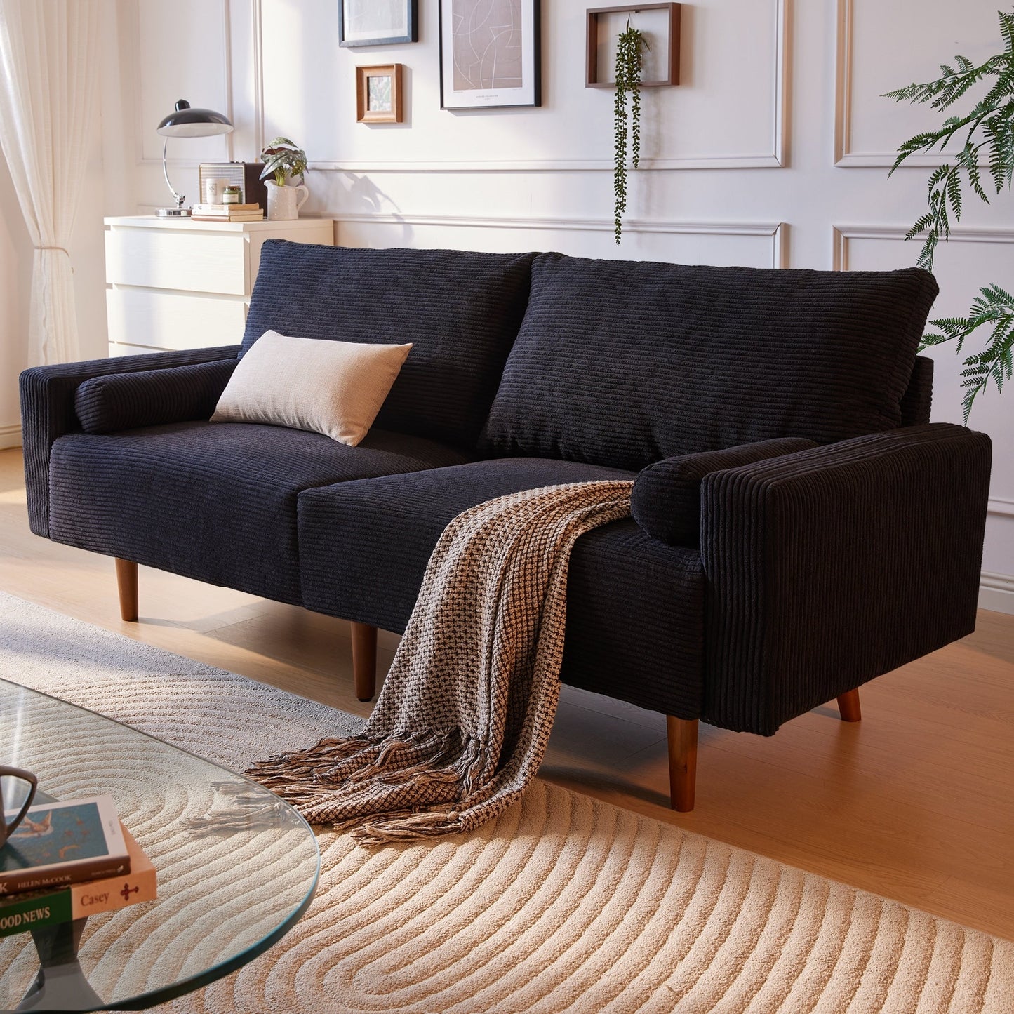 HOOOWOOO Mid-Century Modern Upholstered Sofa Couch with Rolled Pillows
