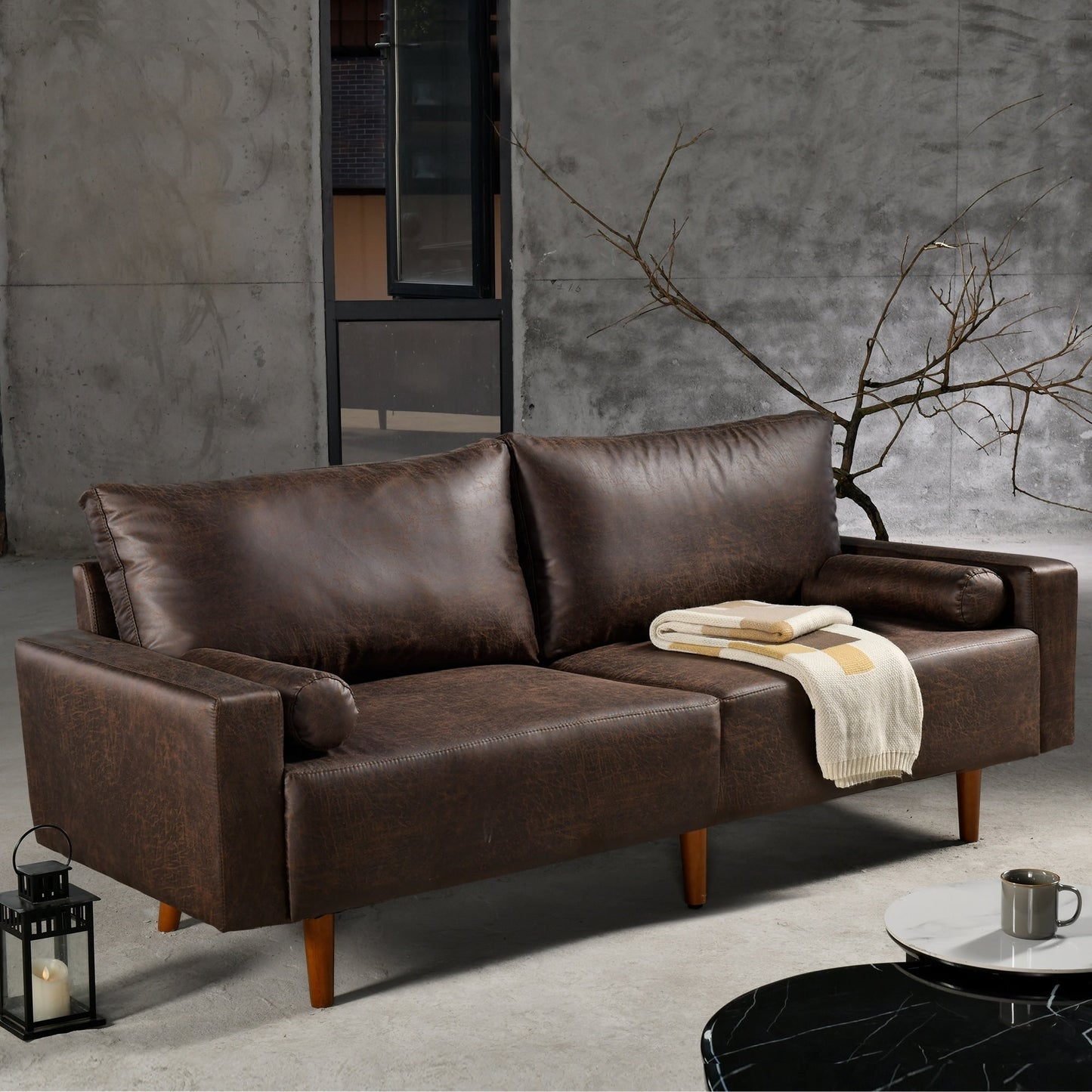 HOOOWOOO Mid-Century Modern Upholstered Sofa Couch with Rolled Pillows