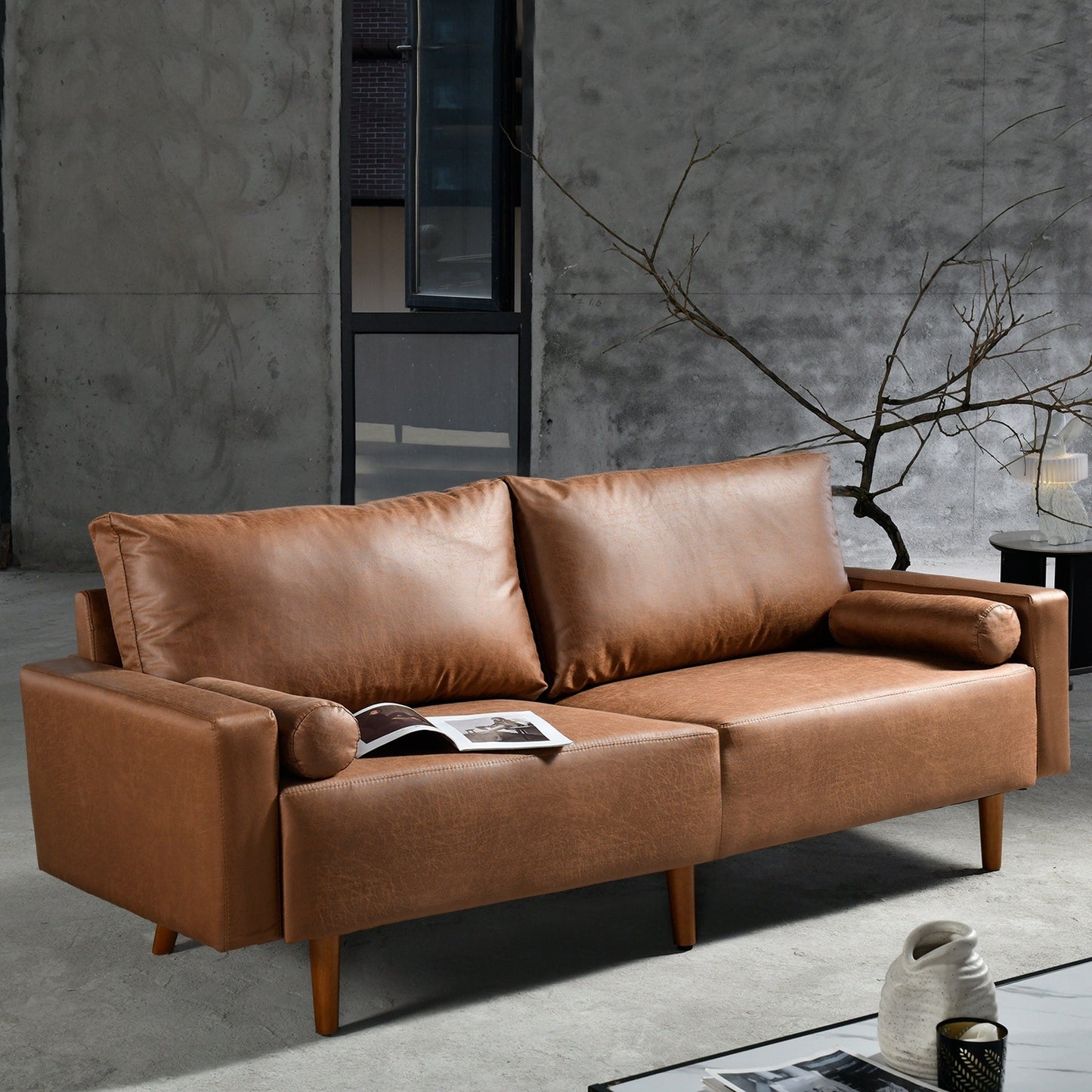HOOOWOOO Mid-Century Modern Upholstered Sofa Couch with Rolled Pillows