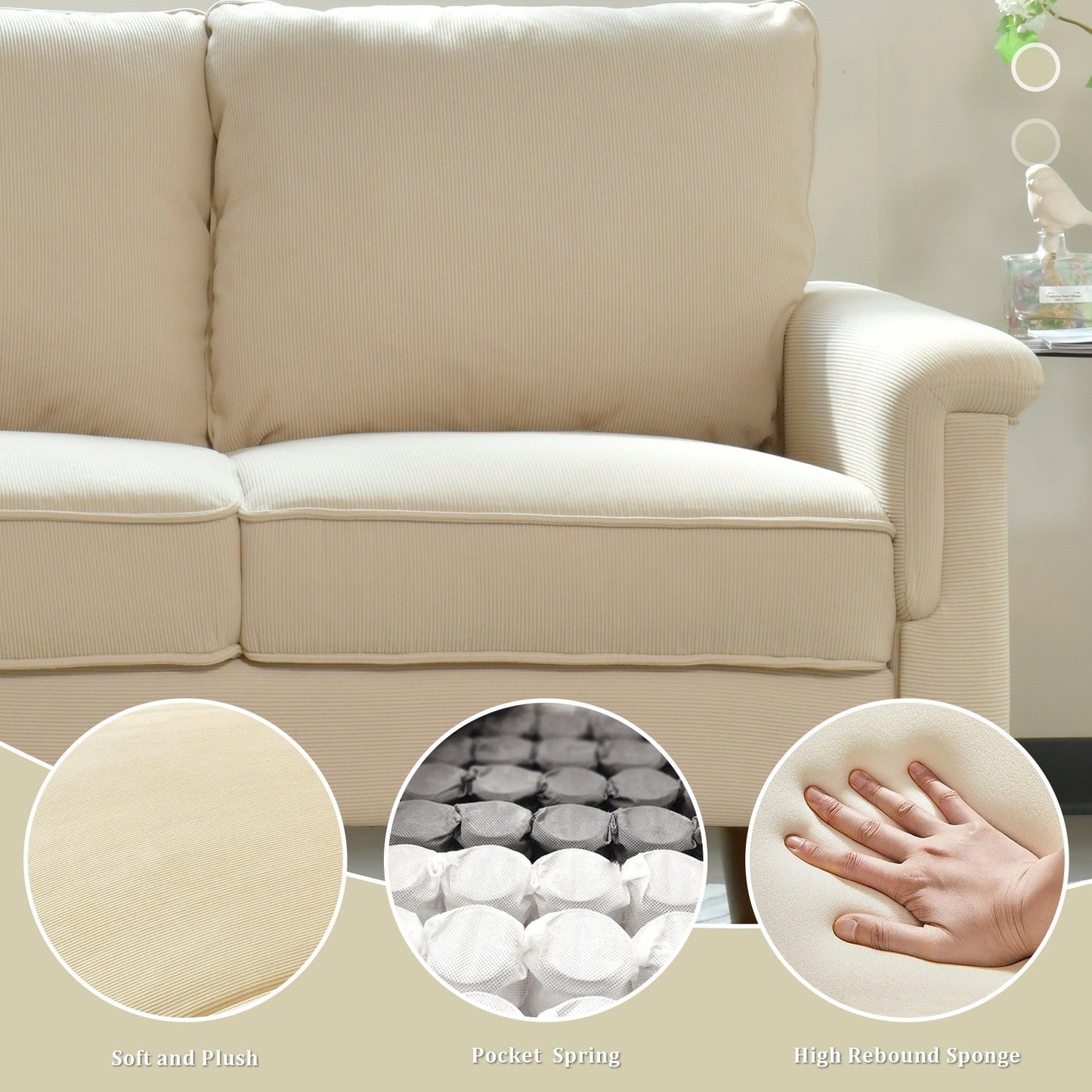 HOOOWOOO Modern 3 Seater Polyester Fabric Sofa Couch with Wide Armrest