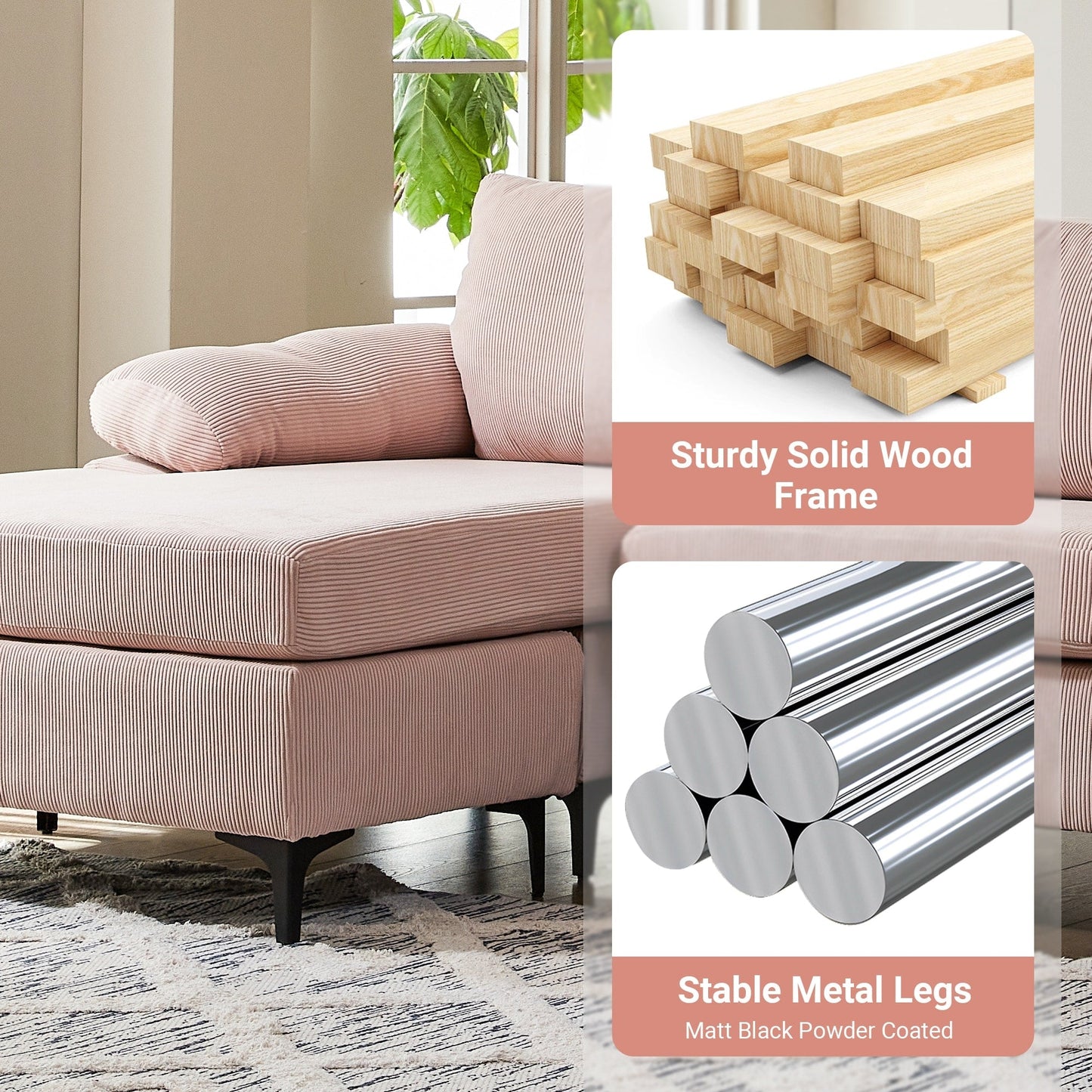 HOOOWOOO Modern Polyester Convertible Chaise Sofa with Metal Legs for Living Room