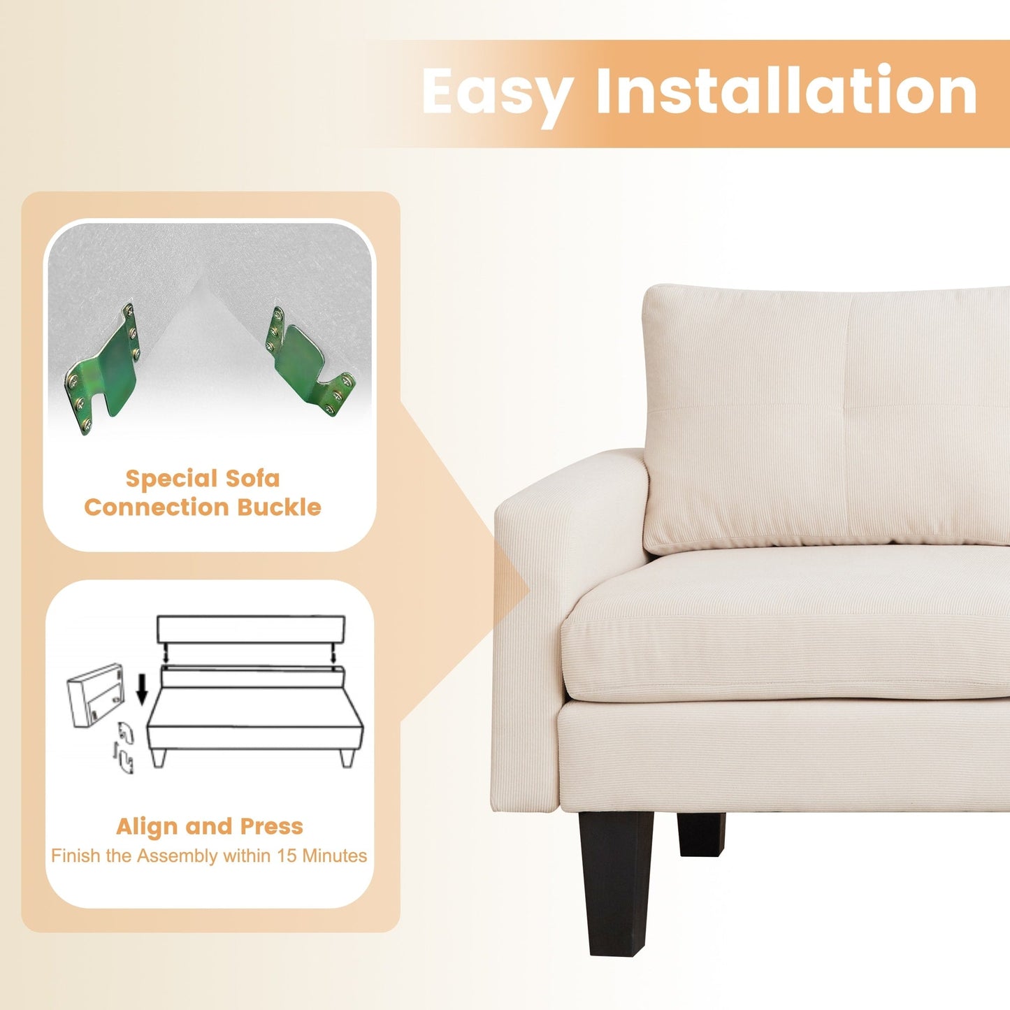 HOOOWOOO Modern L-shaped Corduroy Fabric Chaise Sofa