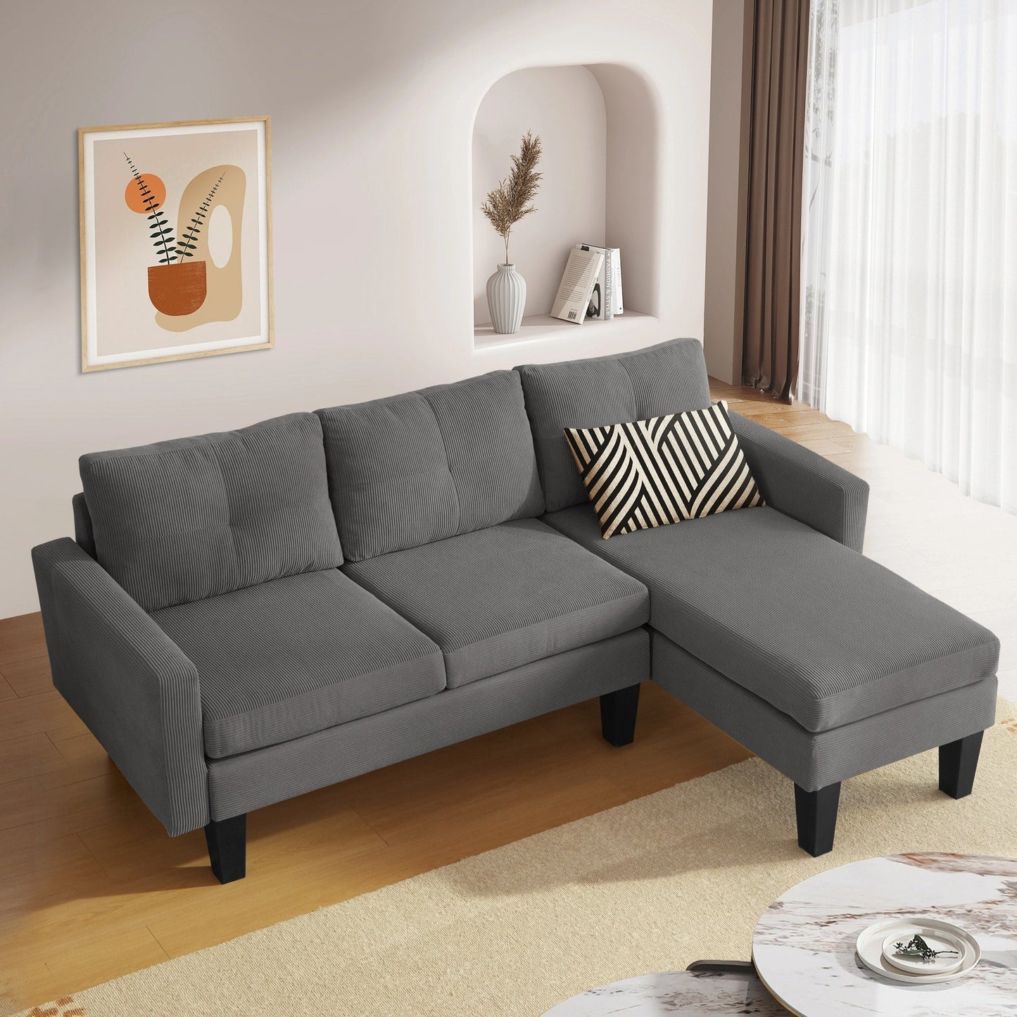 HOOOWOOO Modern L-shaped Corduroy Fabric Chaise Sofa