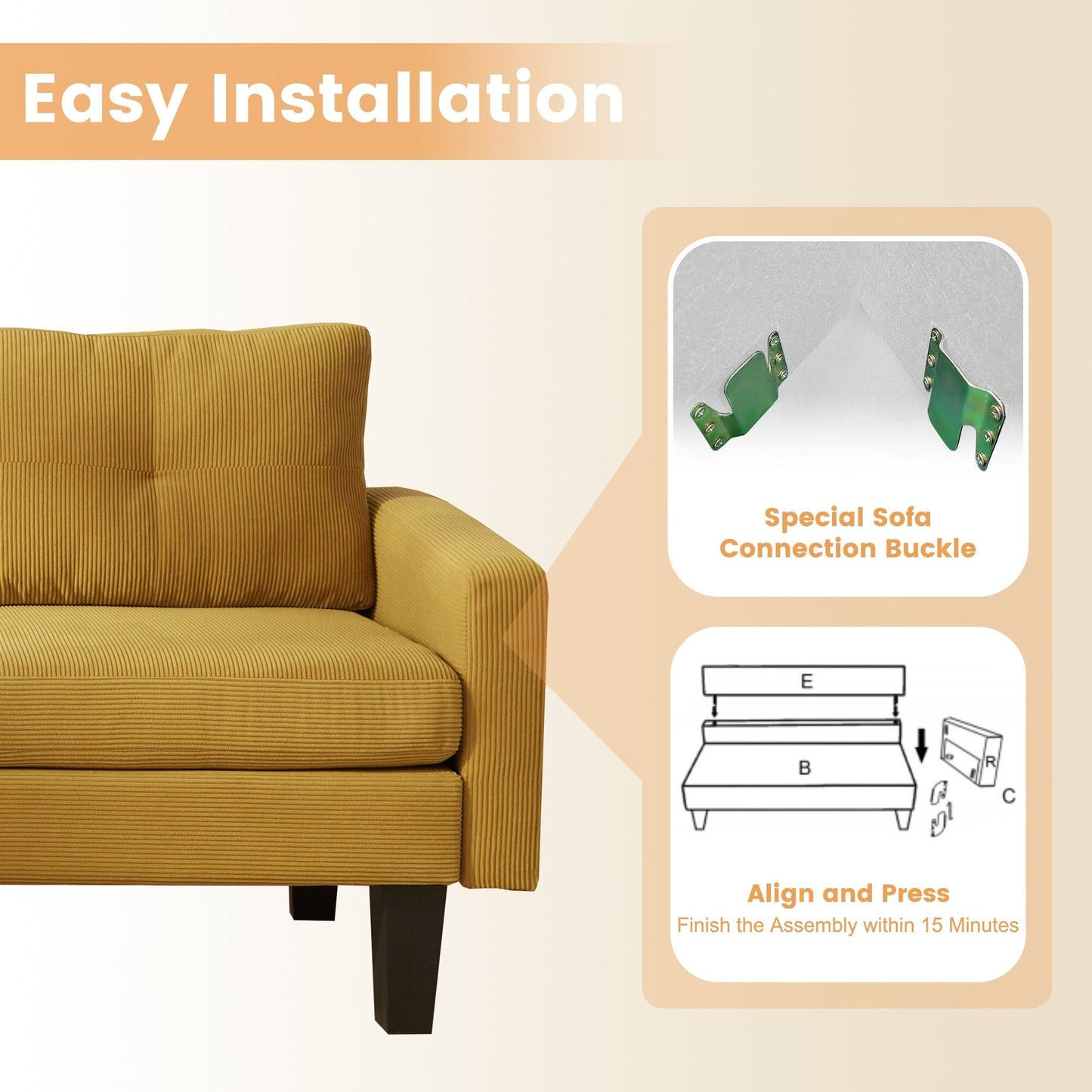 HOOOWOOO Modern L-shaped Corduroy Fabric Chaise Sofa