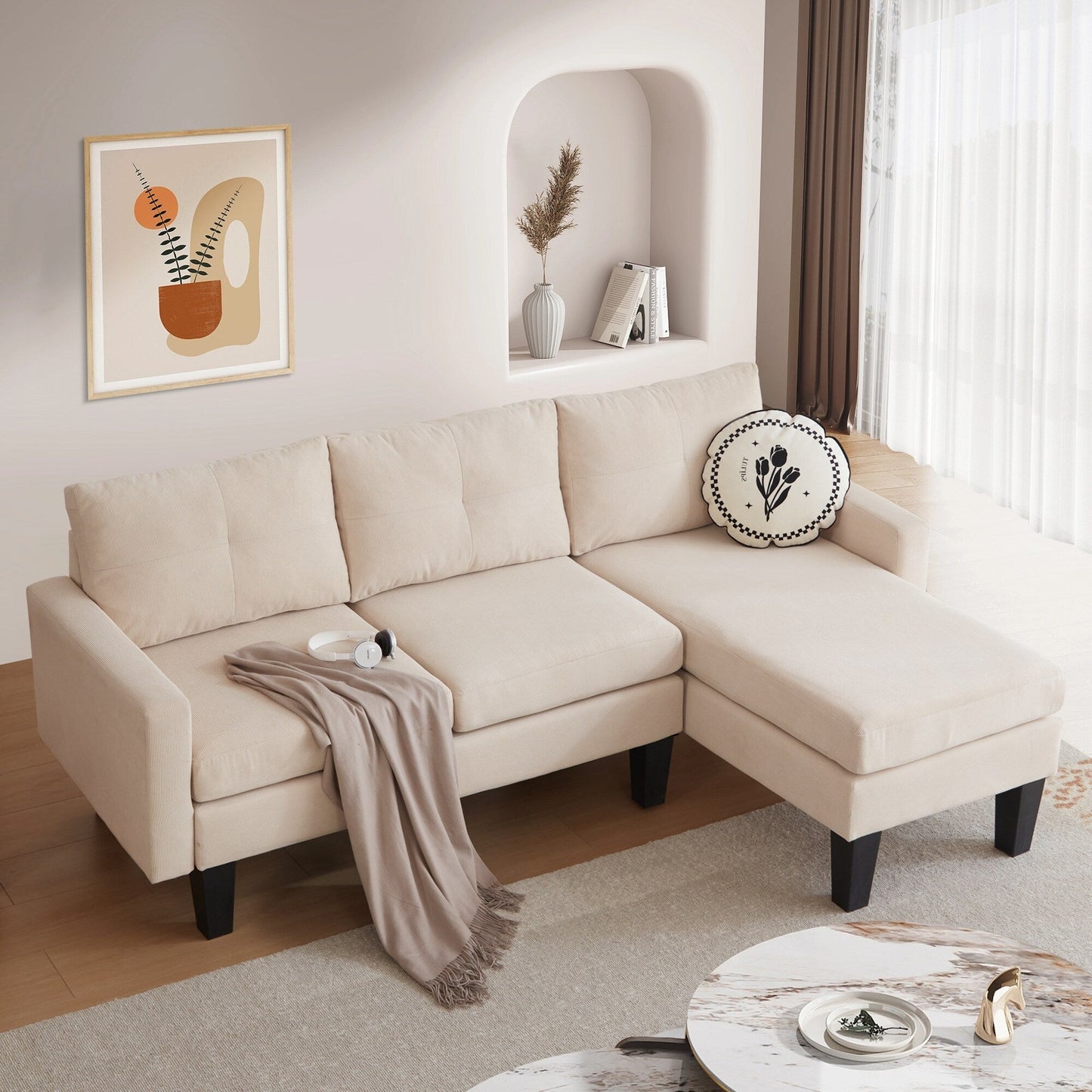 HOOOWOOO Modern L-shaped Corduroy Fabric Chaise Sofa