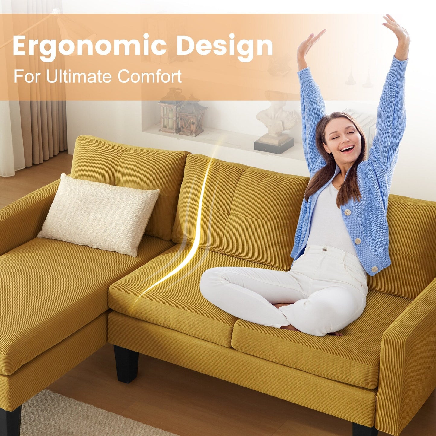 HOOOWOOO Modern L-shaped Corduroy Fabric Chaise Sofa
