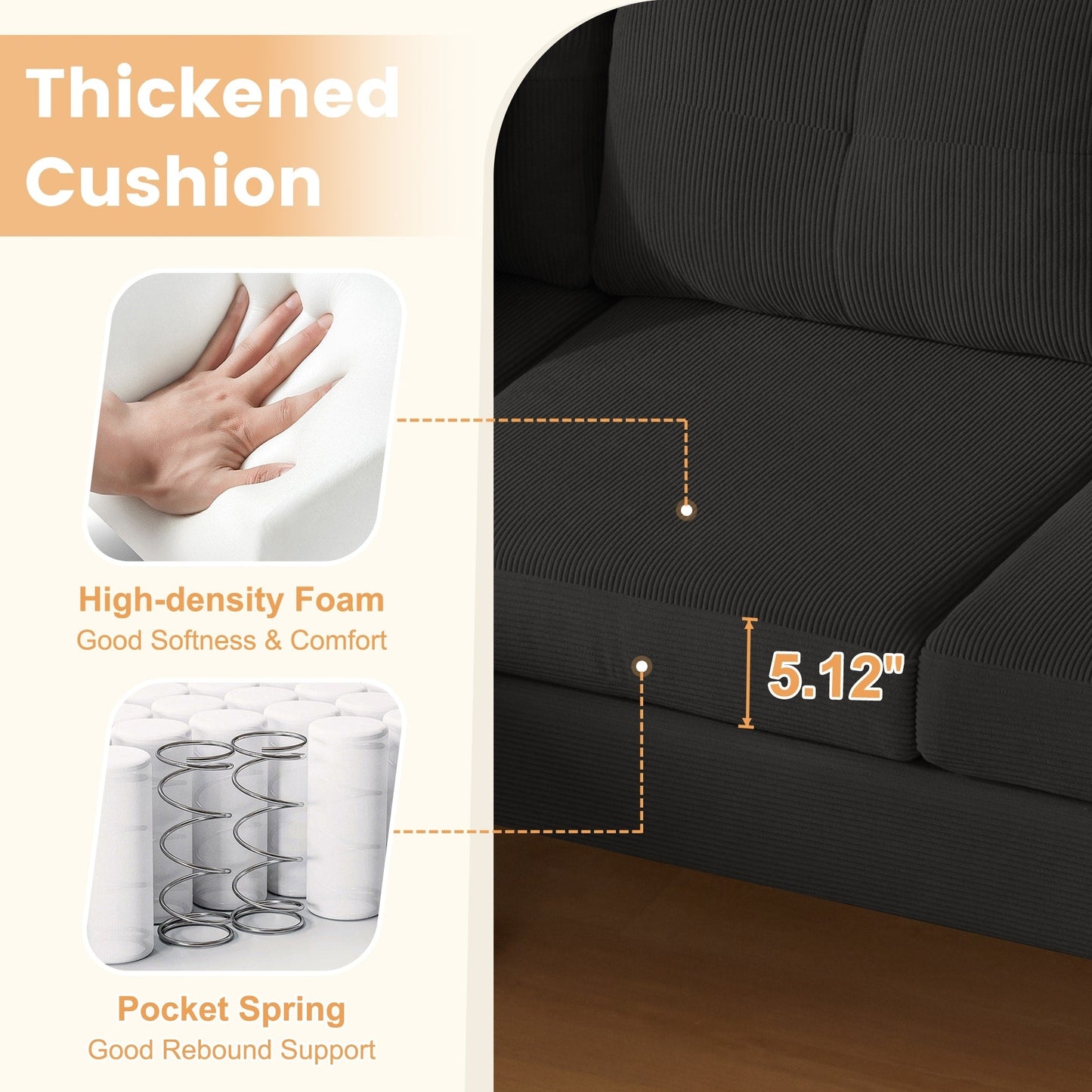 HOOOWOOO Modern L-shaped Corduroy Fabric Chaise Sofa