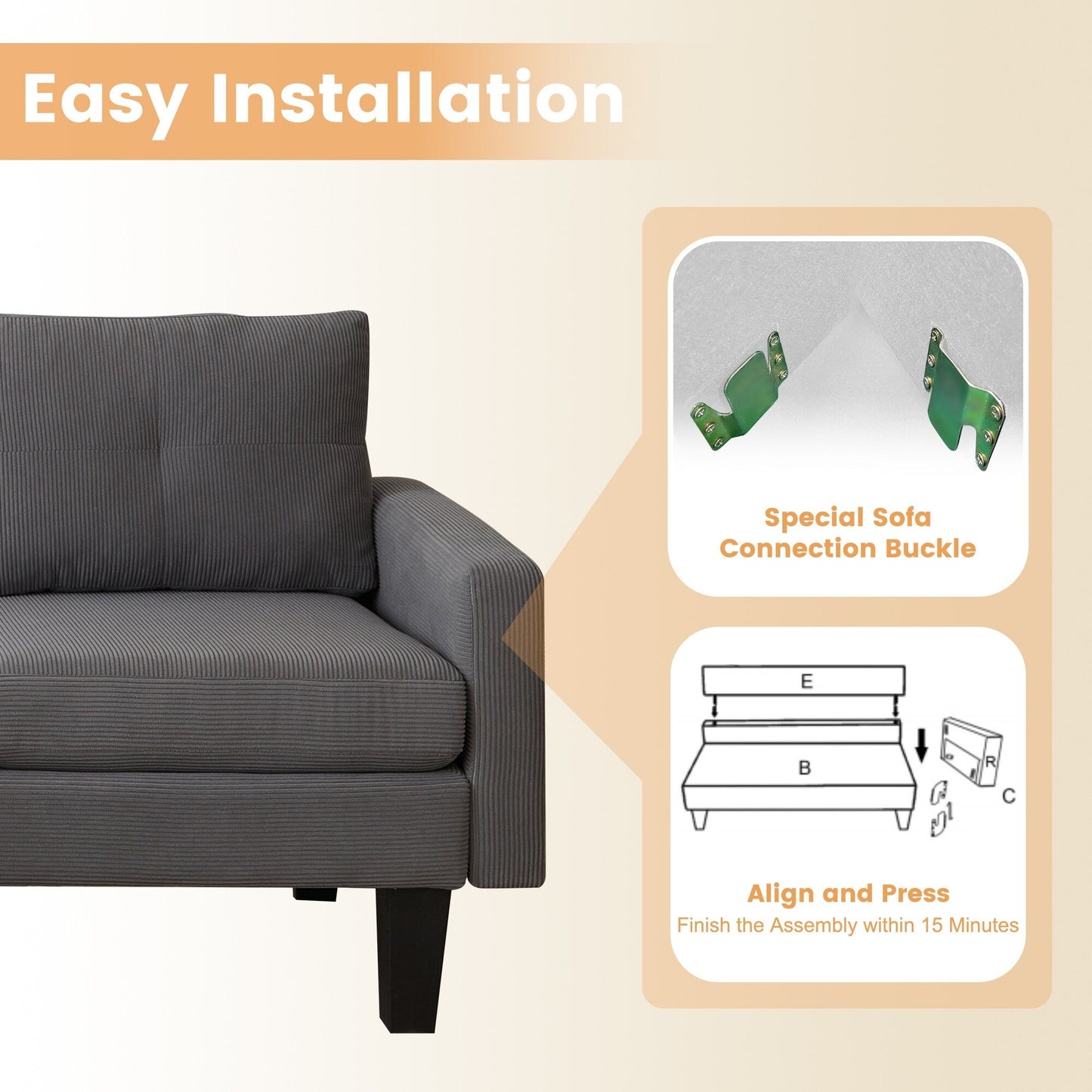 HOOOWOOO Modern L-shaped Corduroy Fabric Chaise Sofa