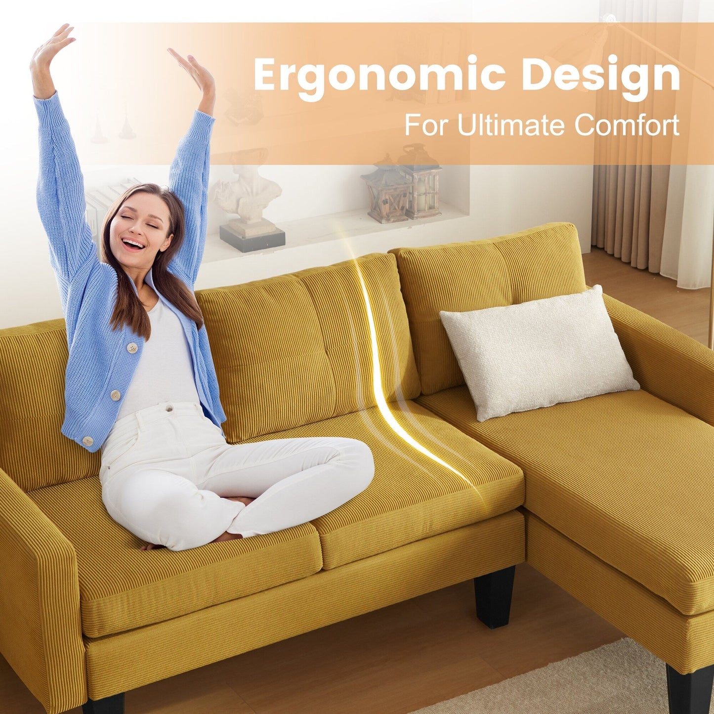 HOOOWOOO Modern L-shaped Corduroy Fabric Chaise Sofa