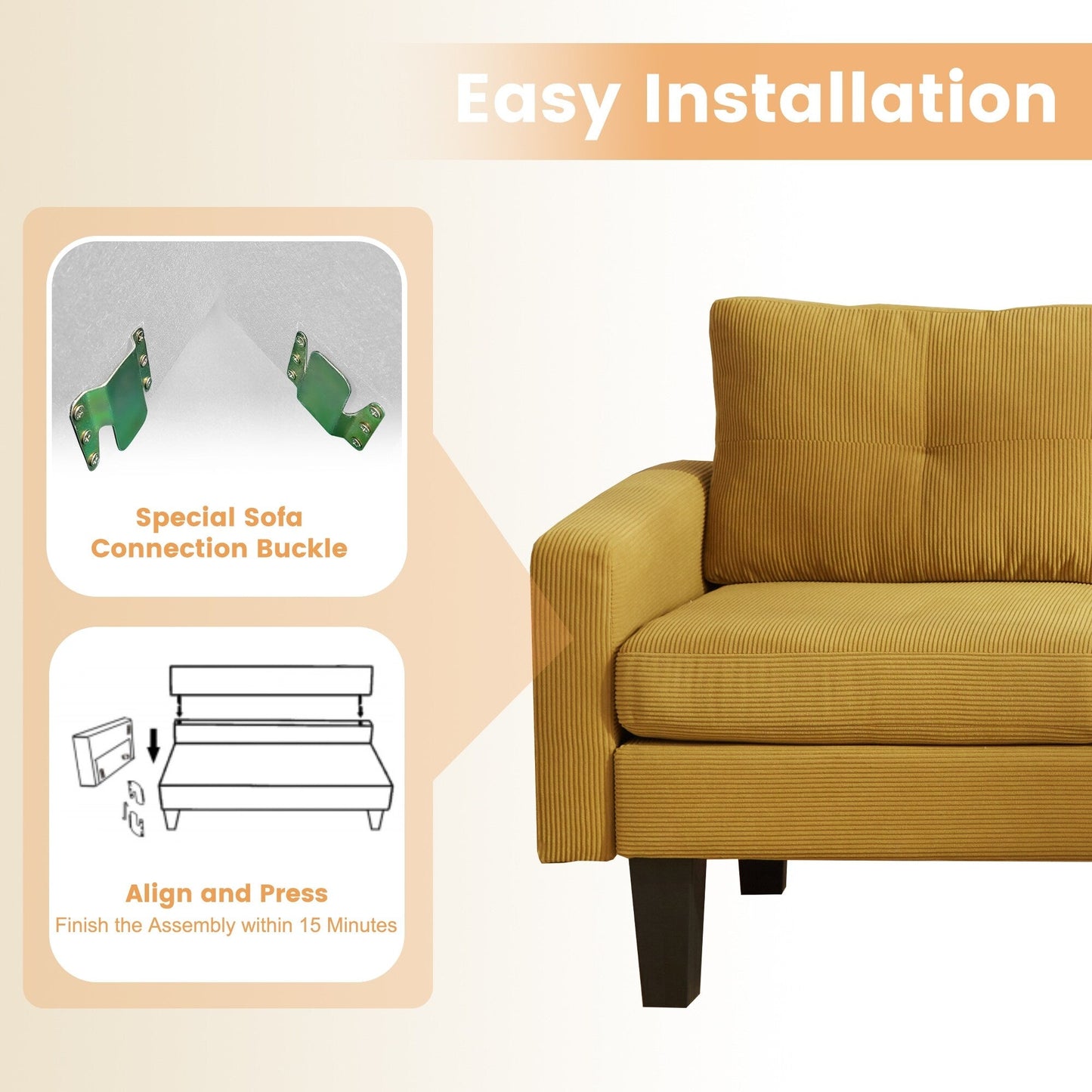 HOOOWOOO Modern L-shaped Corduroy Fabric Chaise Sofa
