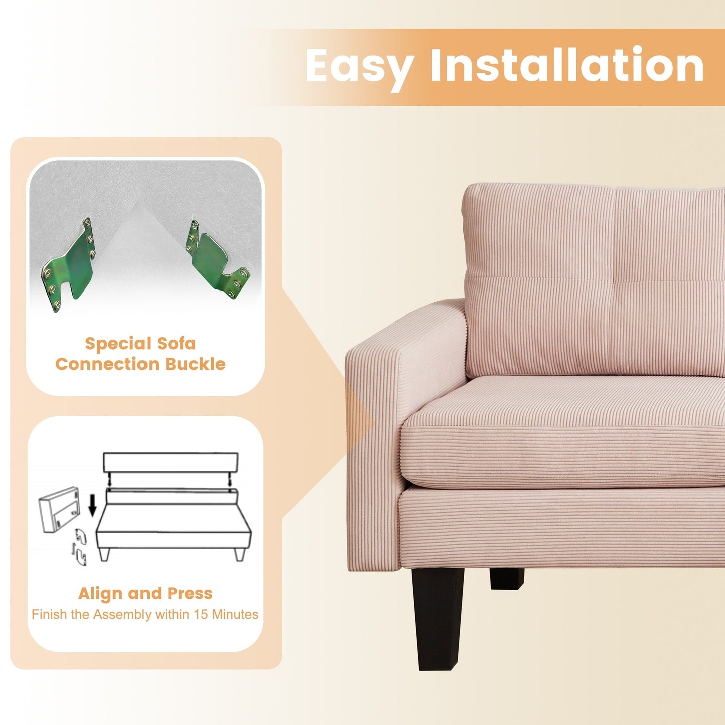 HOOOWOOO Modern L-shaped Corduroy Fabric Chaise Sofa