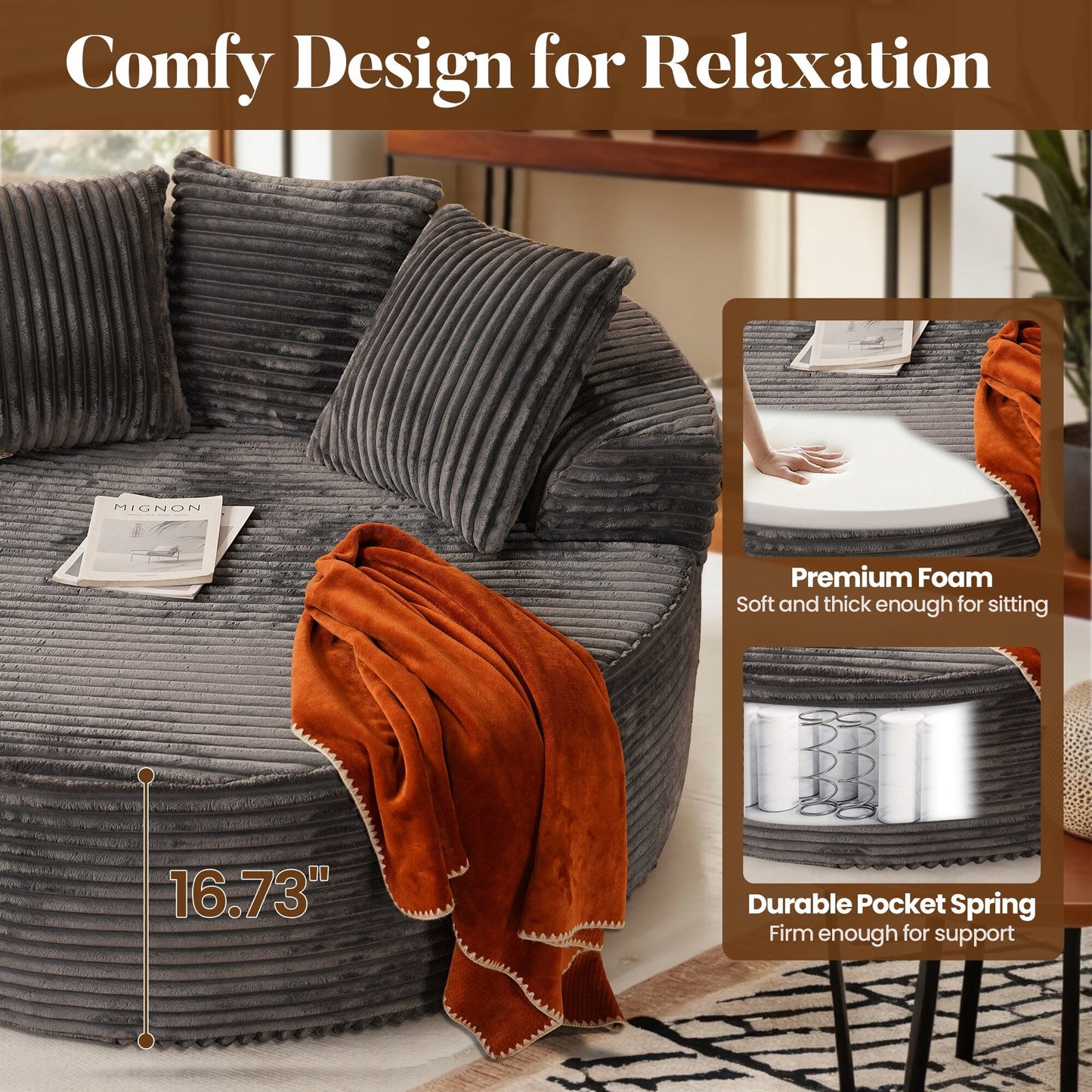 HOOOWOOO Modern Plush Fabric Floor Sofa Couch