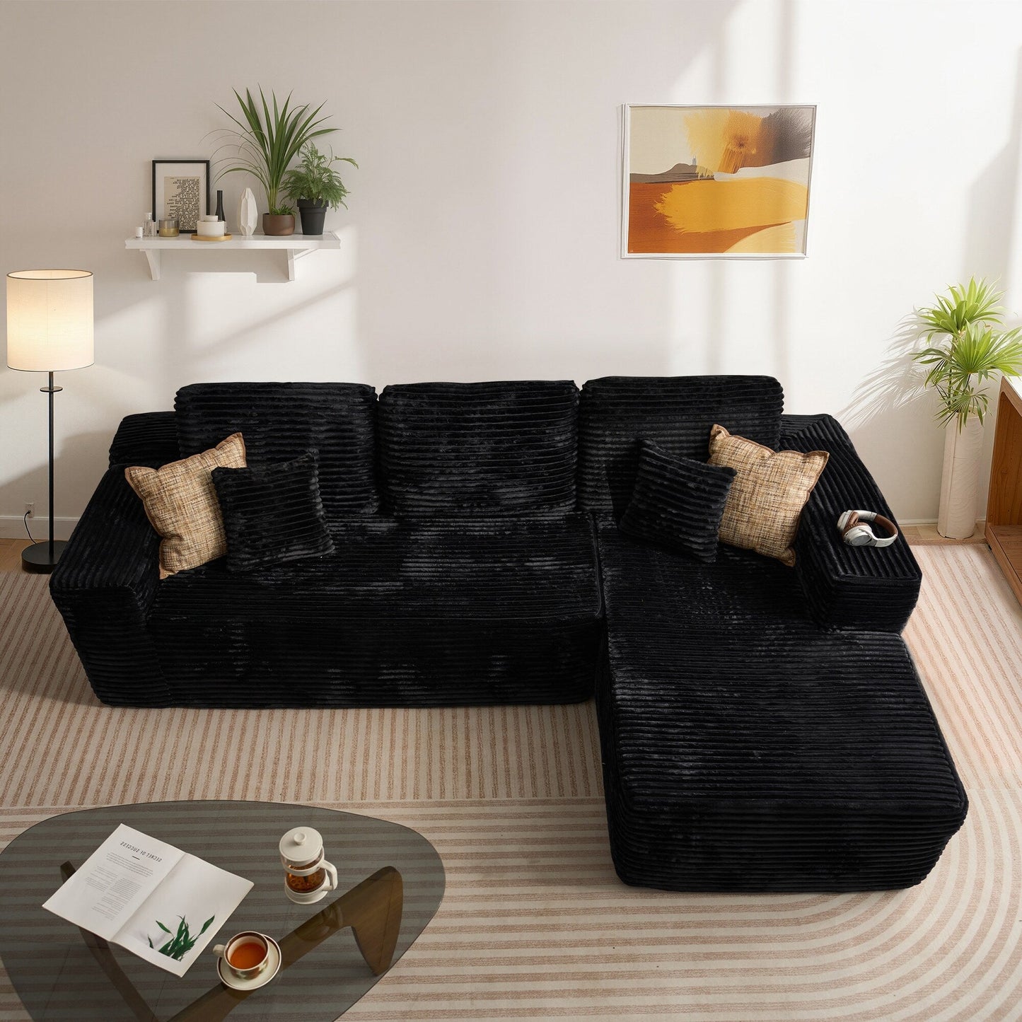 HOOOWOOO Modern Upholstery Chaise Sofa with Pillows for Living Room